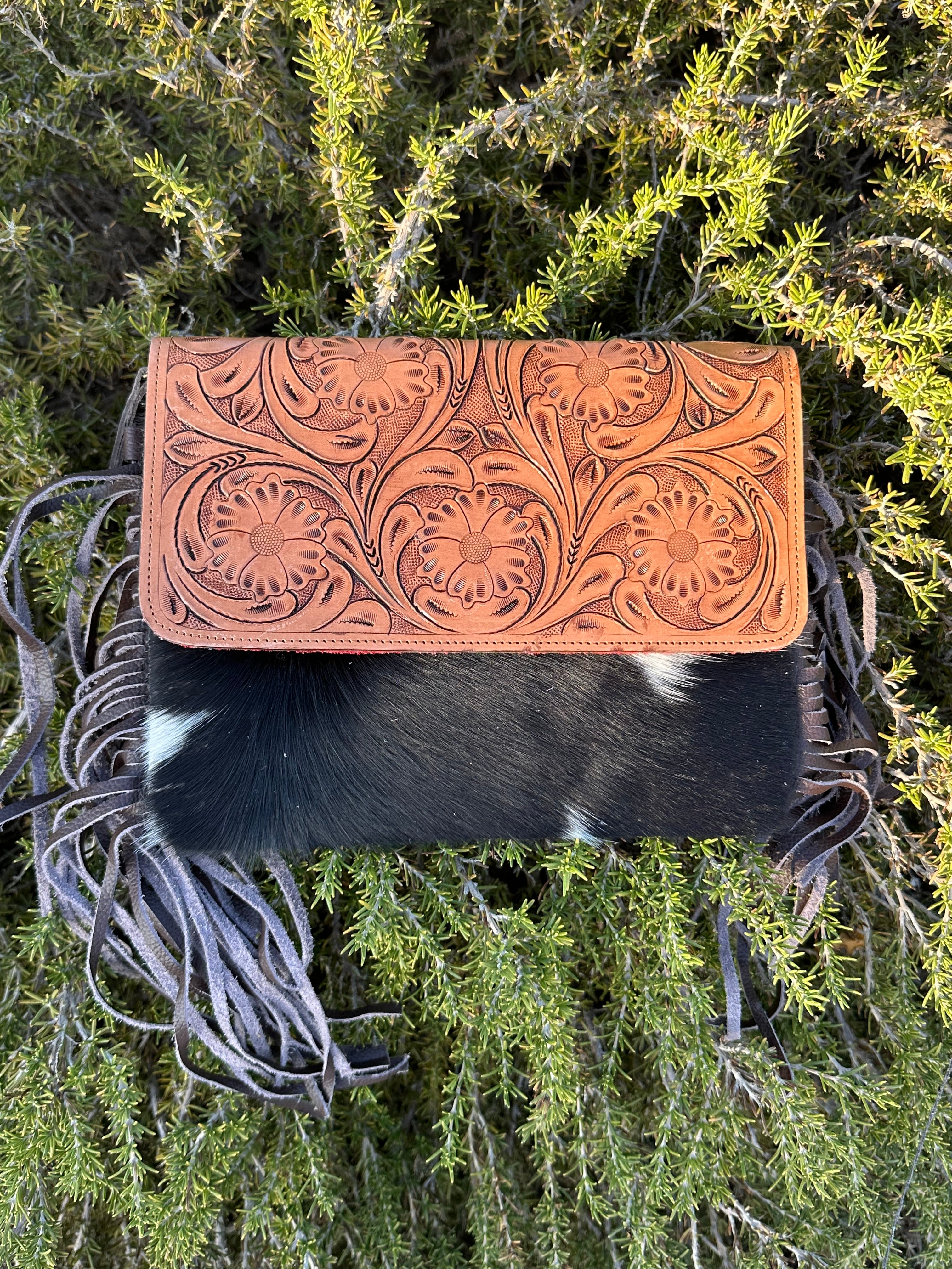 Genuine Tooled Leather & Cowhide Fringe Purse