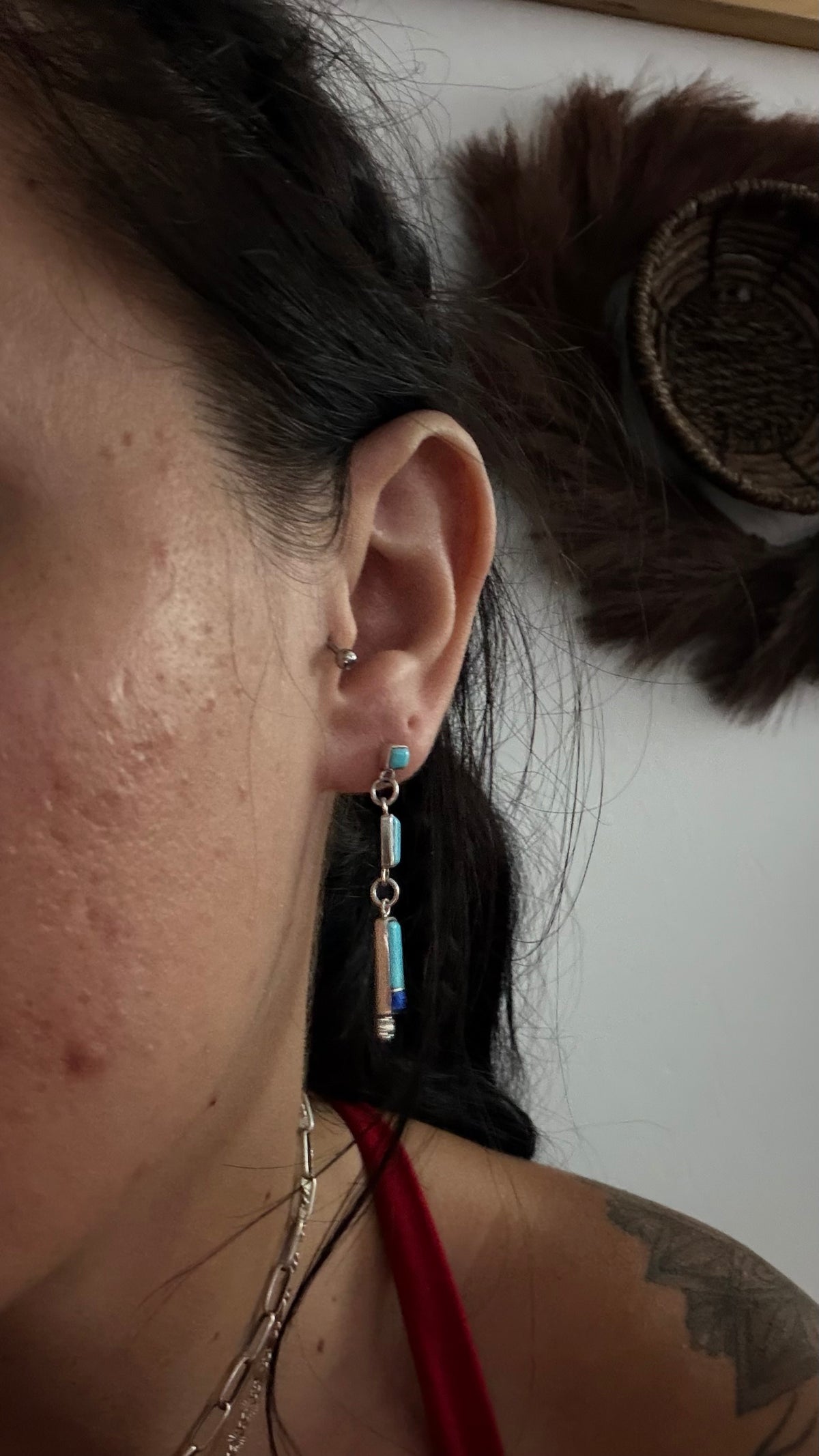 Navajo Made Multi Stone & Sterling Silver Post Dangle Inlay Earrings