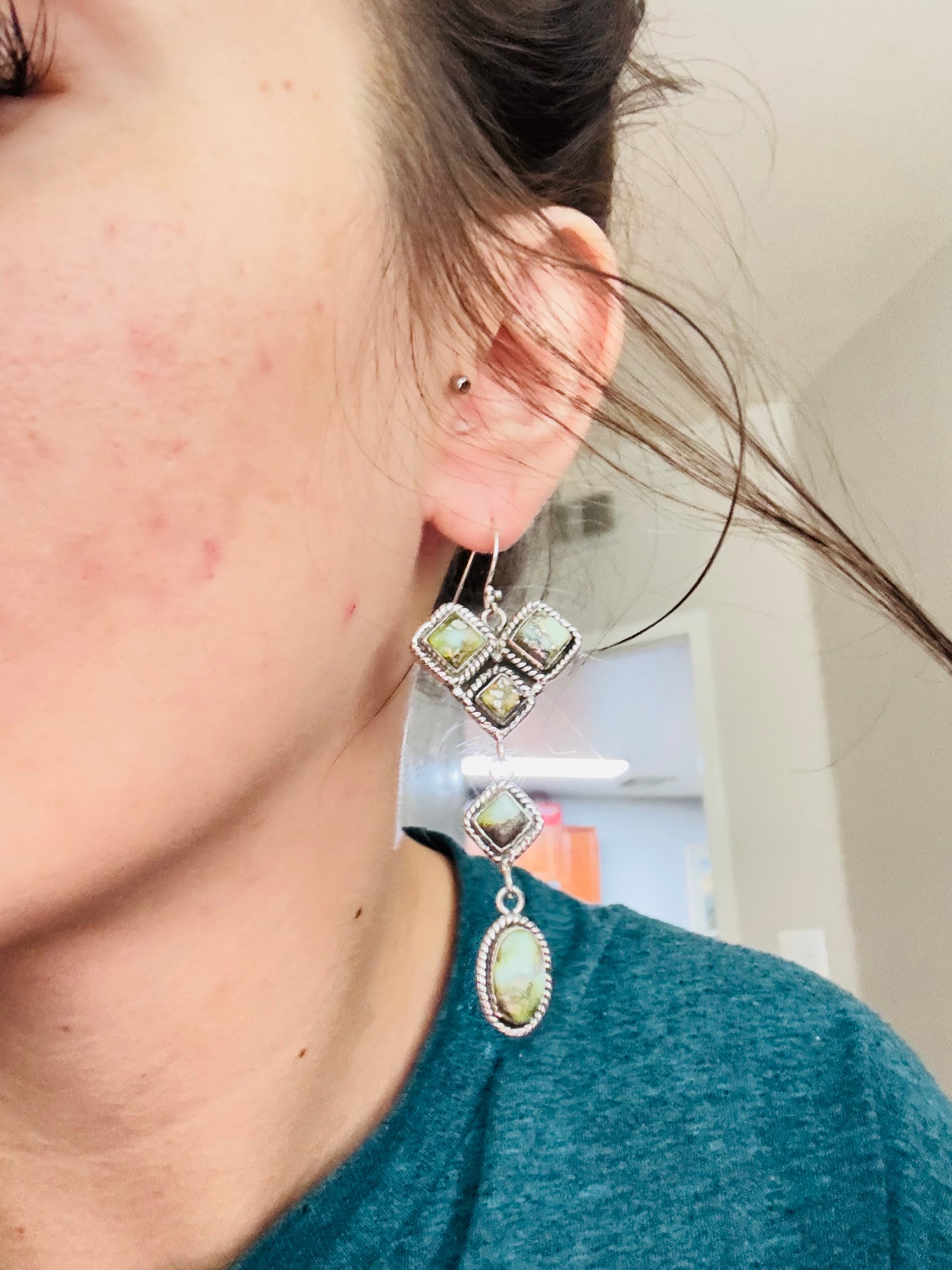 Southwest Handmade Palomino Variscite & Sterling Silver Dangle Earrings