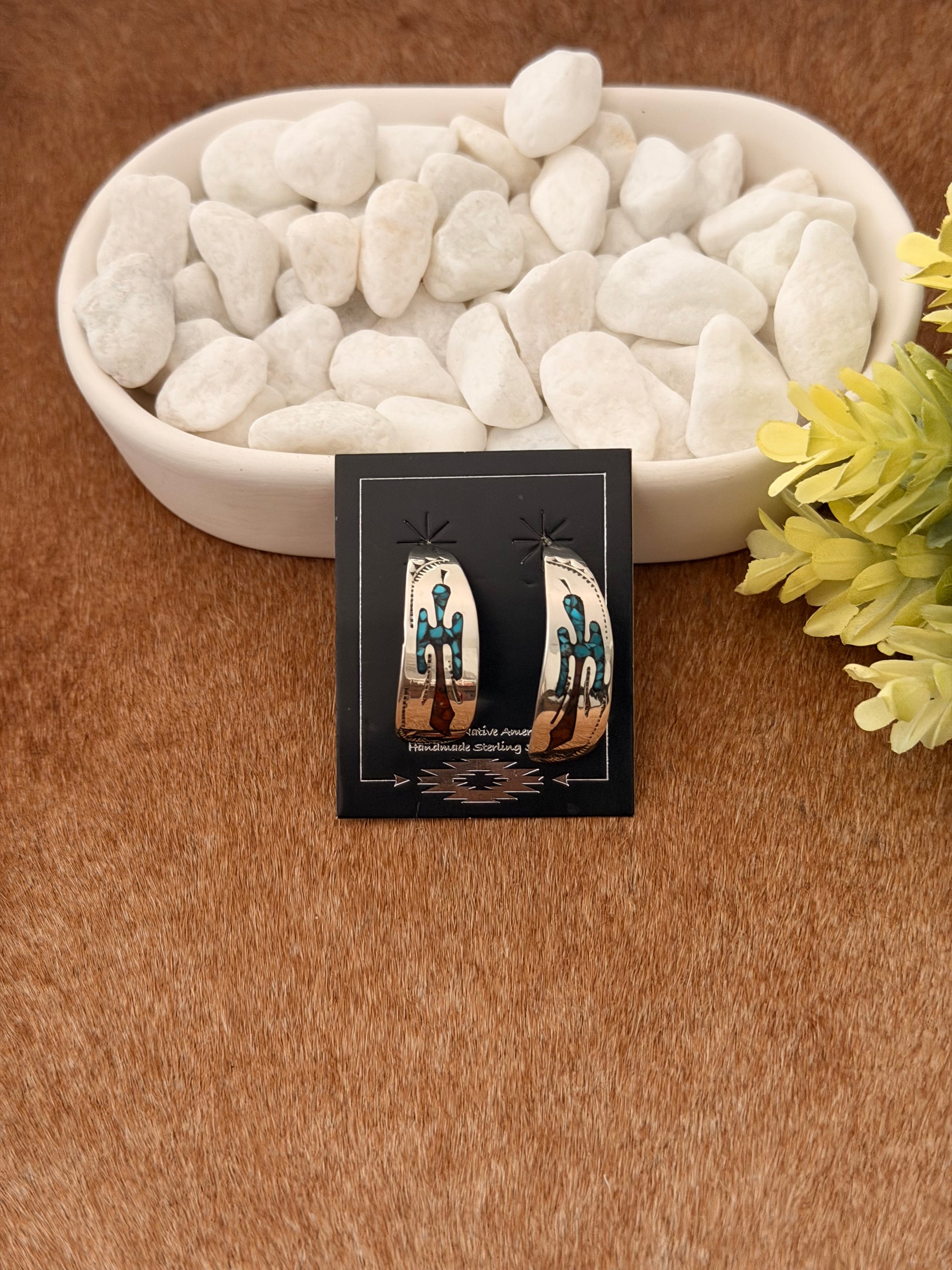 Navajo Made Multi Stone & Sterling Silver Flake Inlay Post Hoop Earrings