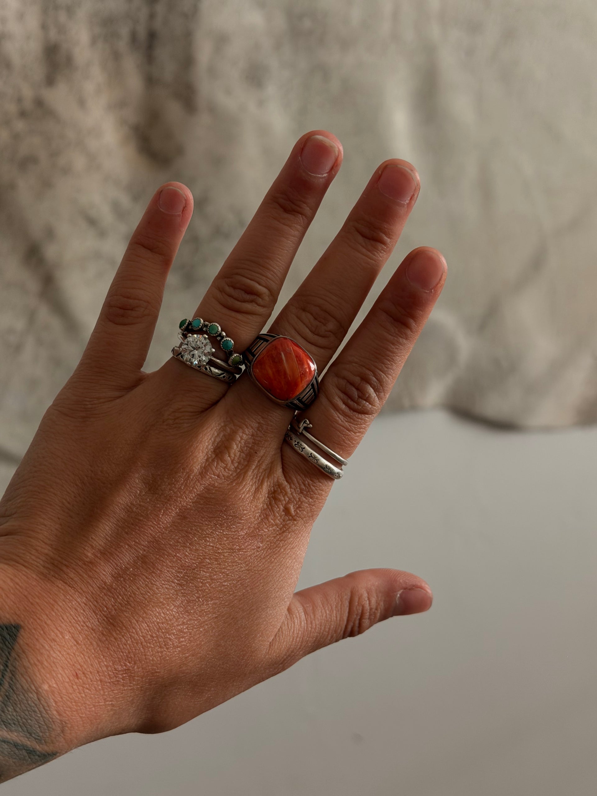 Navajo Made Spiny Oyster & Sterling Silver Cast Ring Size 9.75