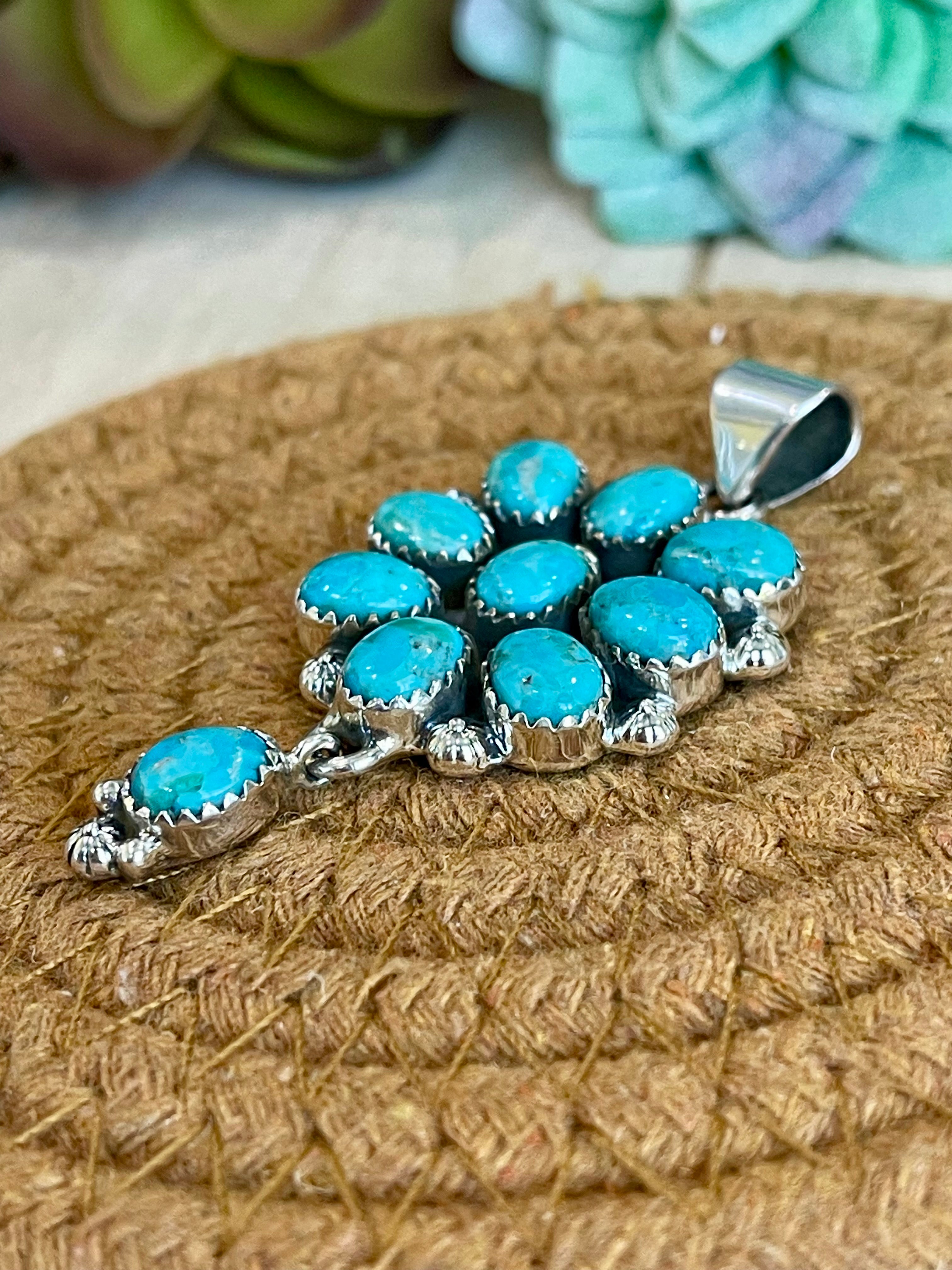 Southwest Handmade Kingman Turquoise & Sterling Silver Cluster Dangle Pendant