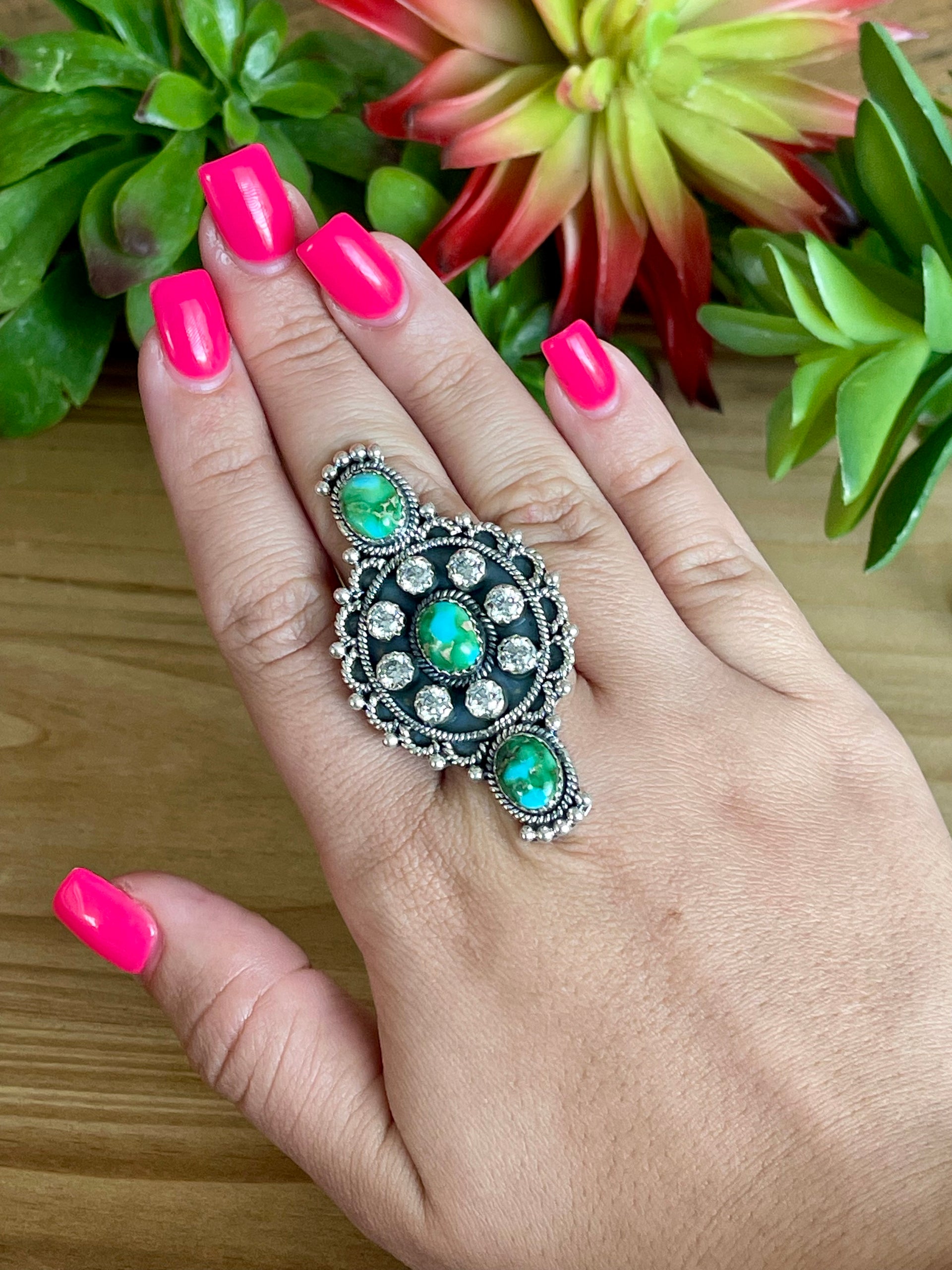 Southwest Handmade Multi Stone & Sterling Silver Adjustable Cluster Ring