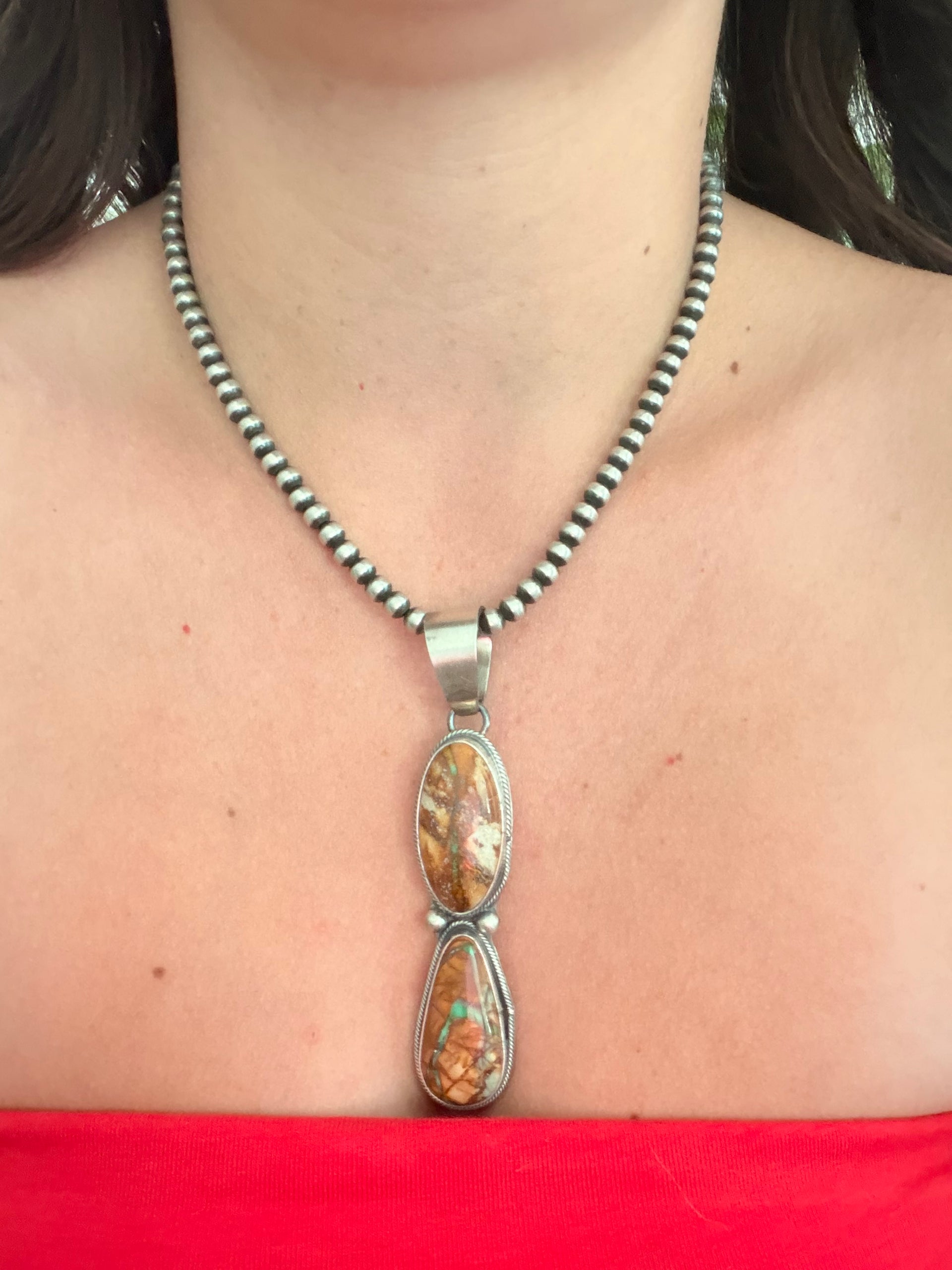 Navajo Made Ribbon Royston Turquoise & Sterling Silver Pendant
