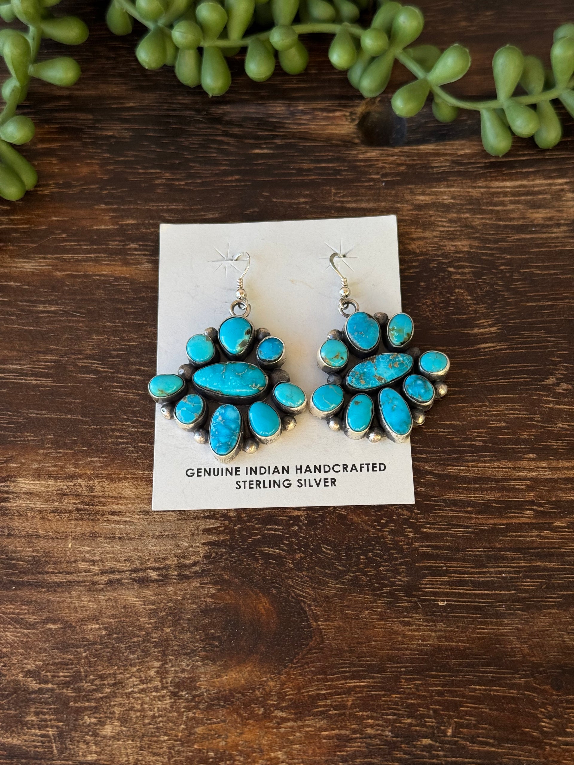 Navajo Made Kingman Turquoise & Sterling Silver Dangle Cluster Earrings