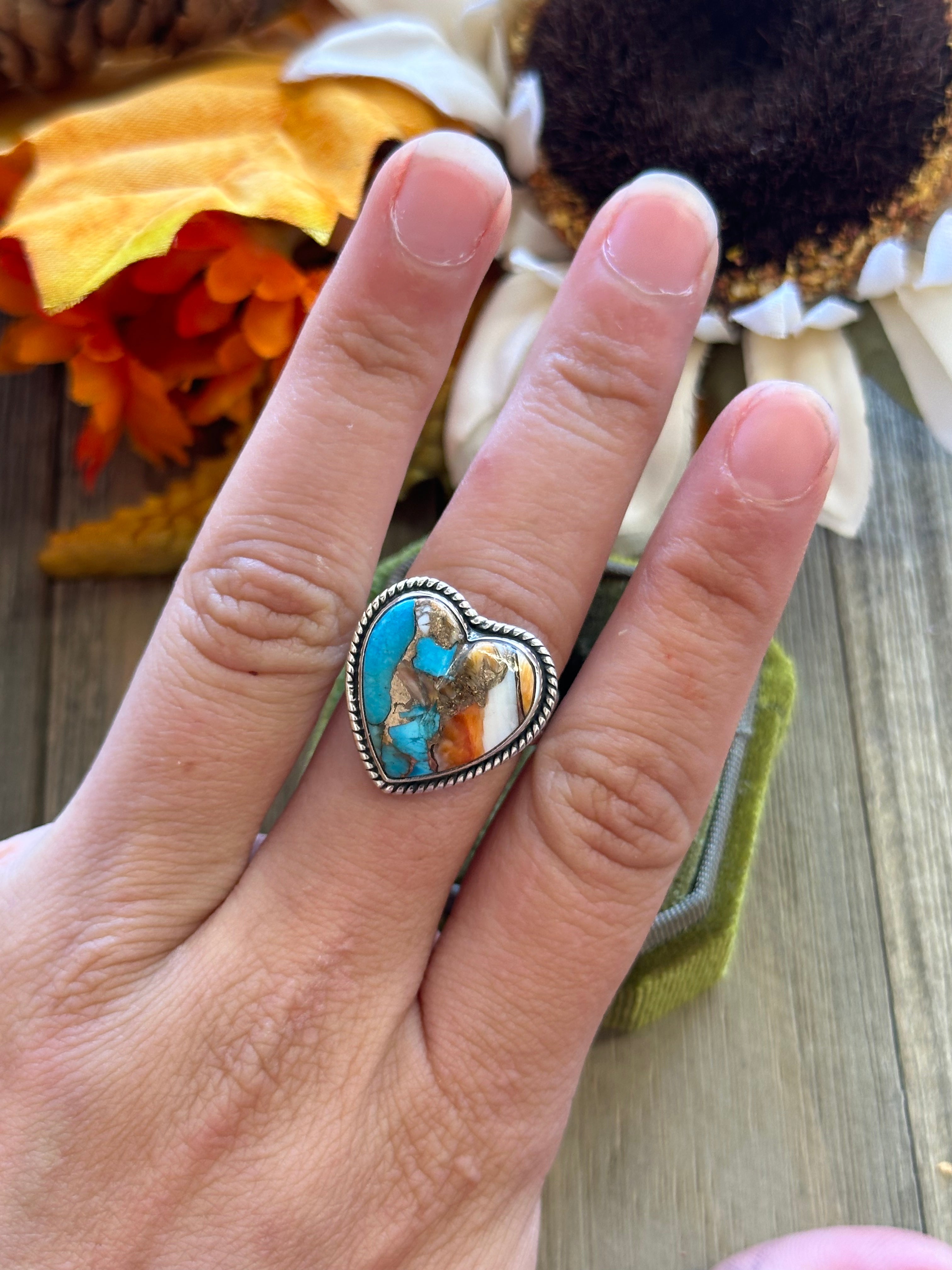 Southwest Handmade Mohave Turquoise & Sterling Silver Adjustable Heart Ring