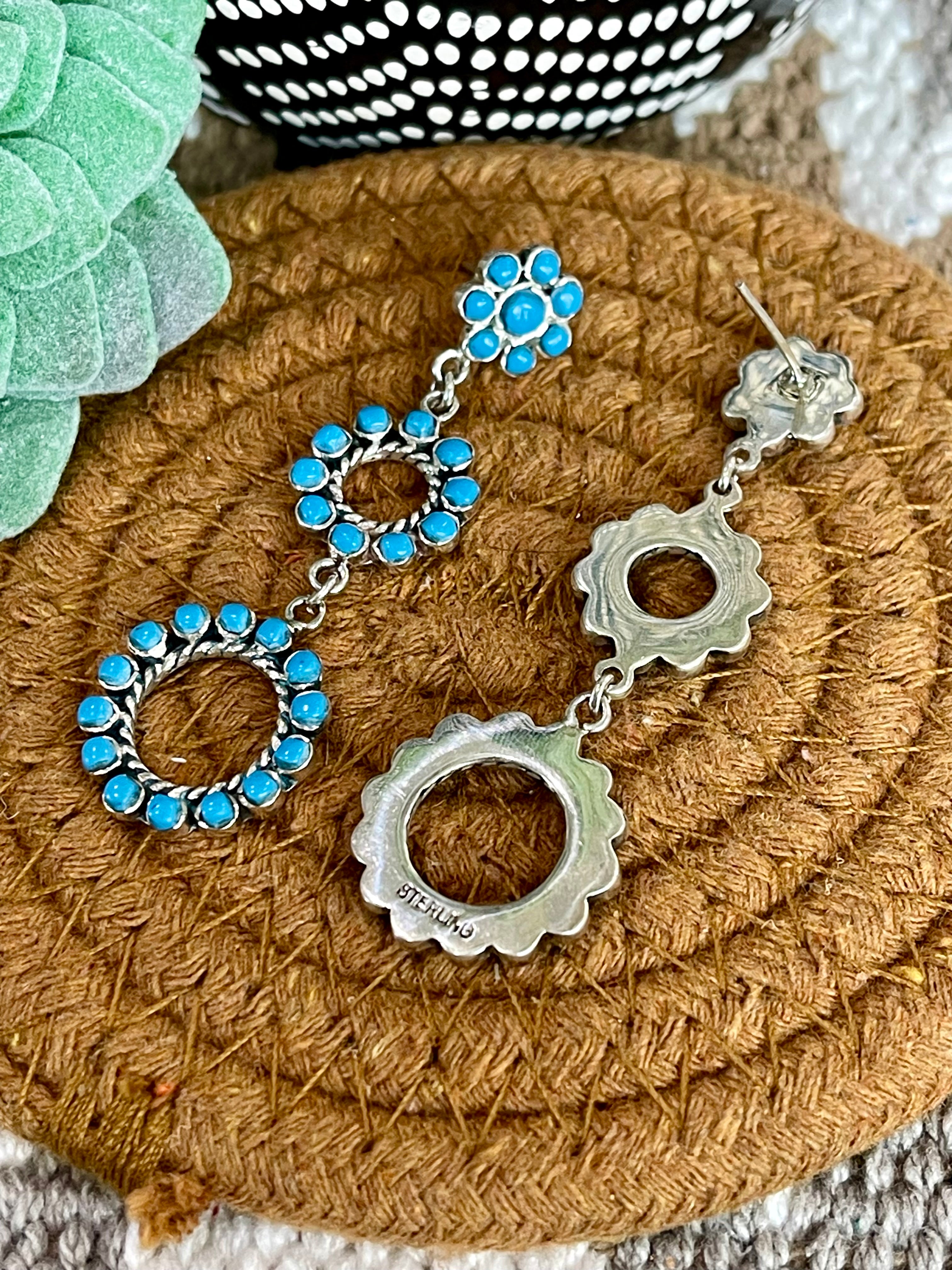 Southwest Handmade Turquoise & Sterling Silver Post Dangle Cluster Earrings