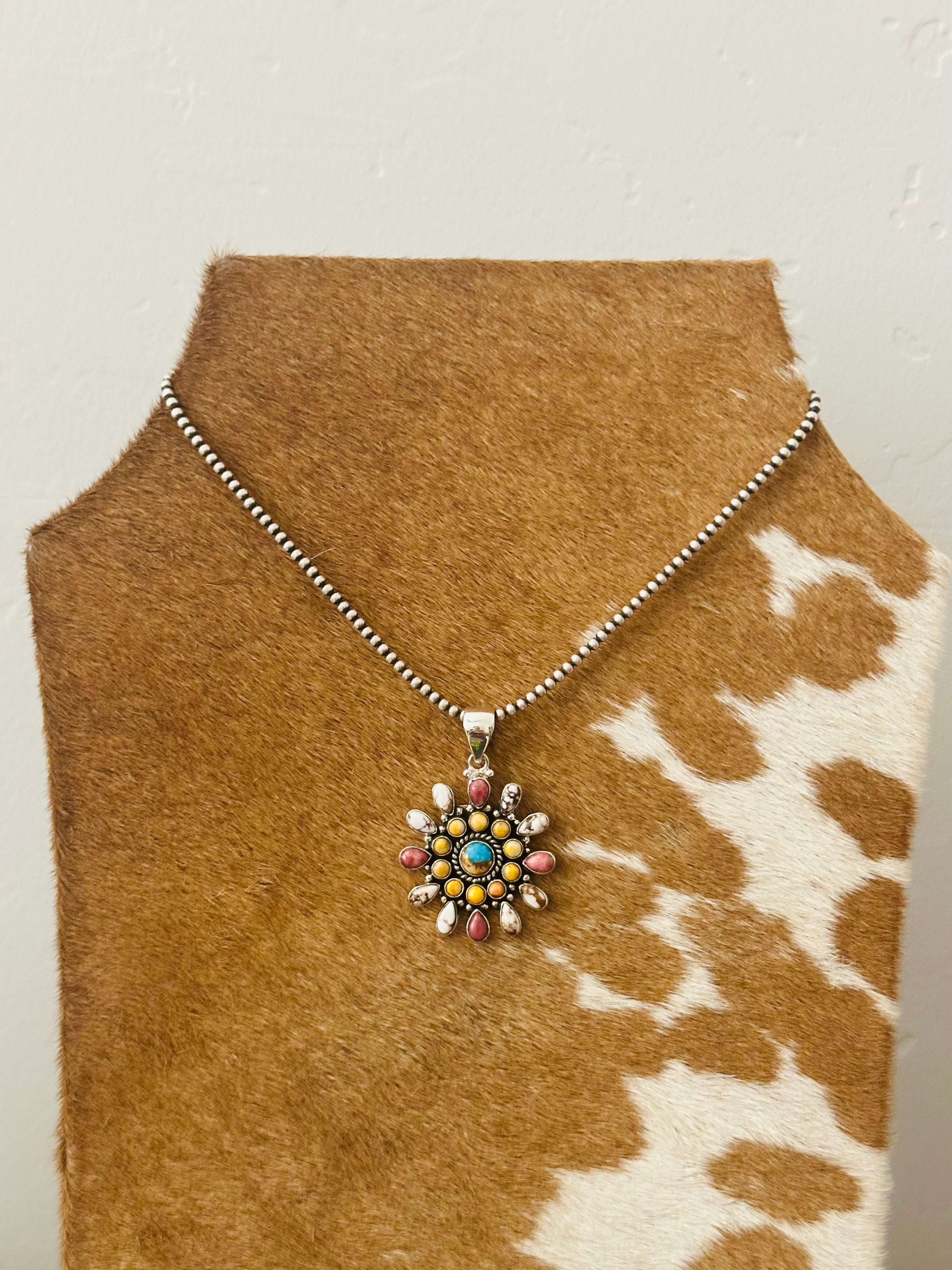 Southwest Handmade Multi Stone & Sterling Silver Cluster Pendant