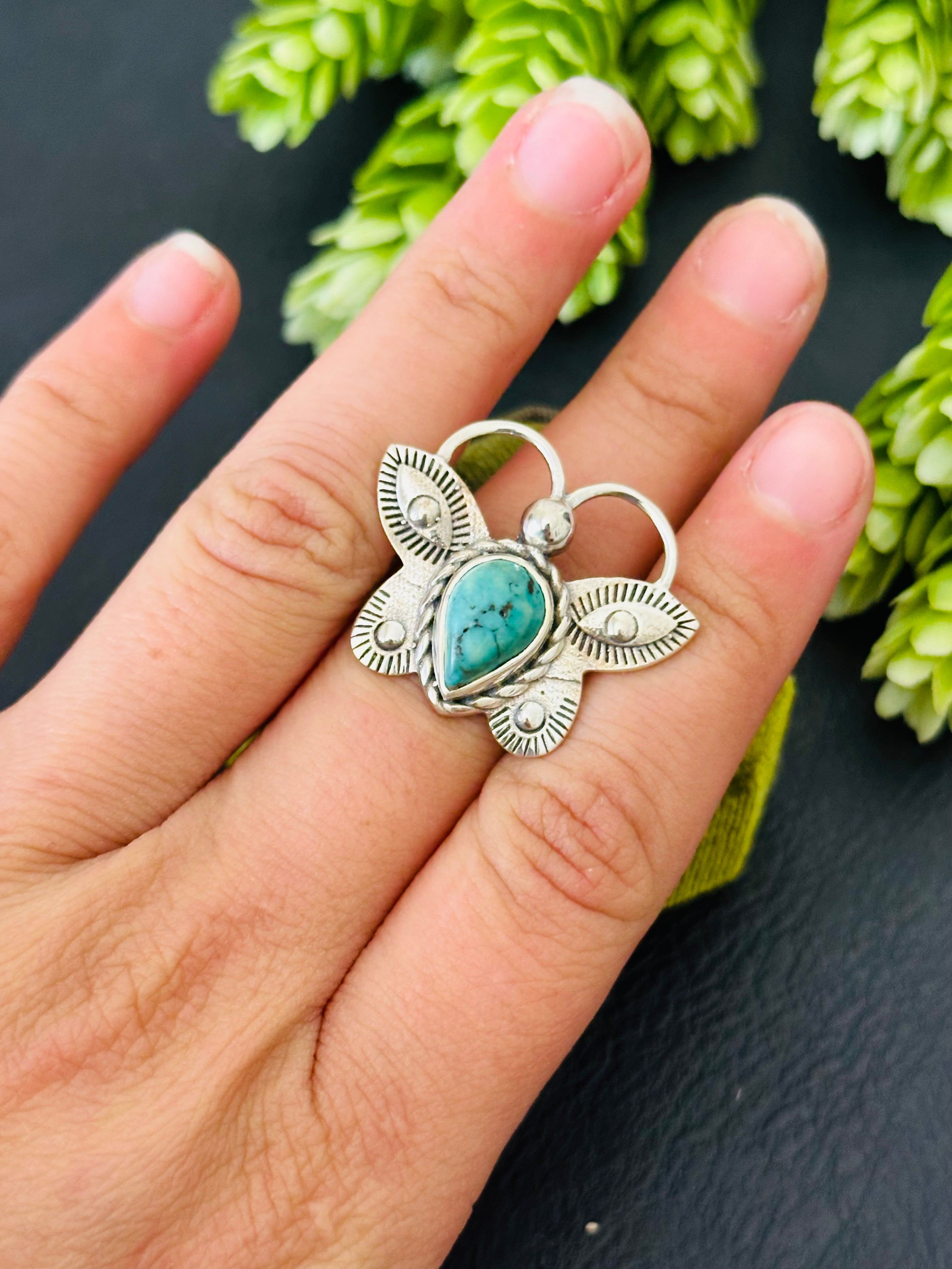 Southwest Handmade Kingman Turquoise & Sterling Silver Adjustable Butterfly Ring