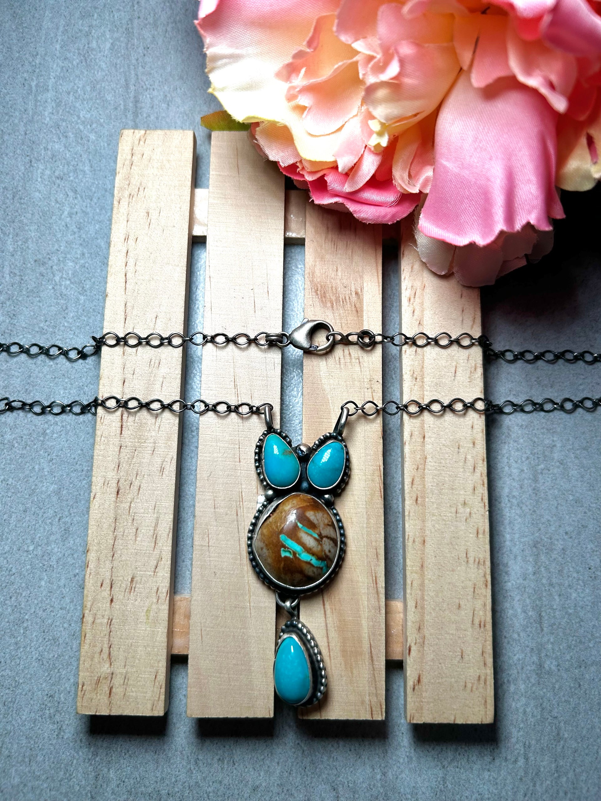Navajo Made Mixed Turquoise & Sterling Silver Cluster Necklace