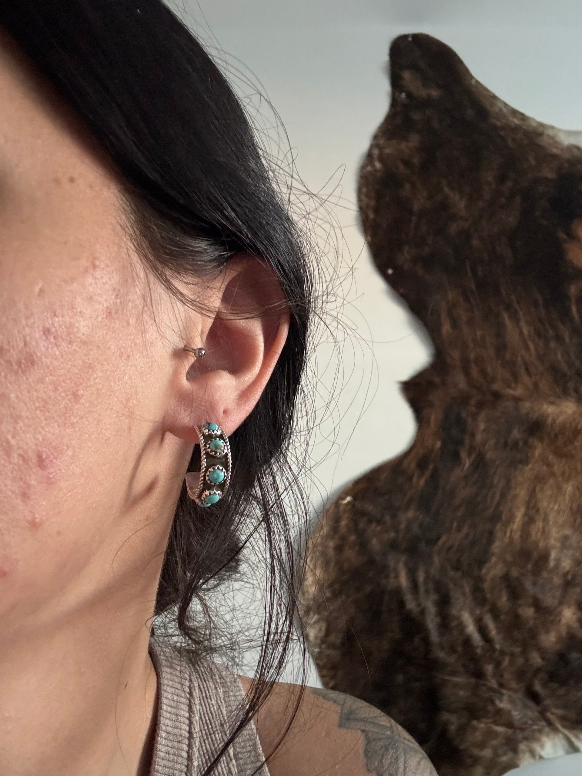 Navajo Made Kingman Turquoise & Sterling Silver Hoop Earrings