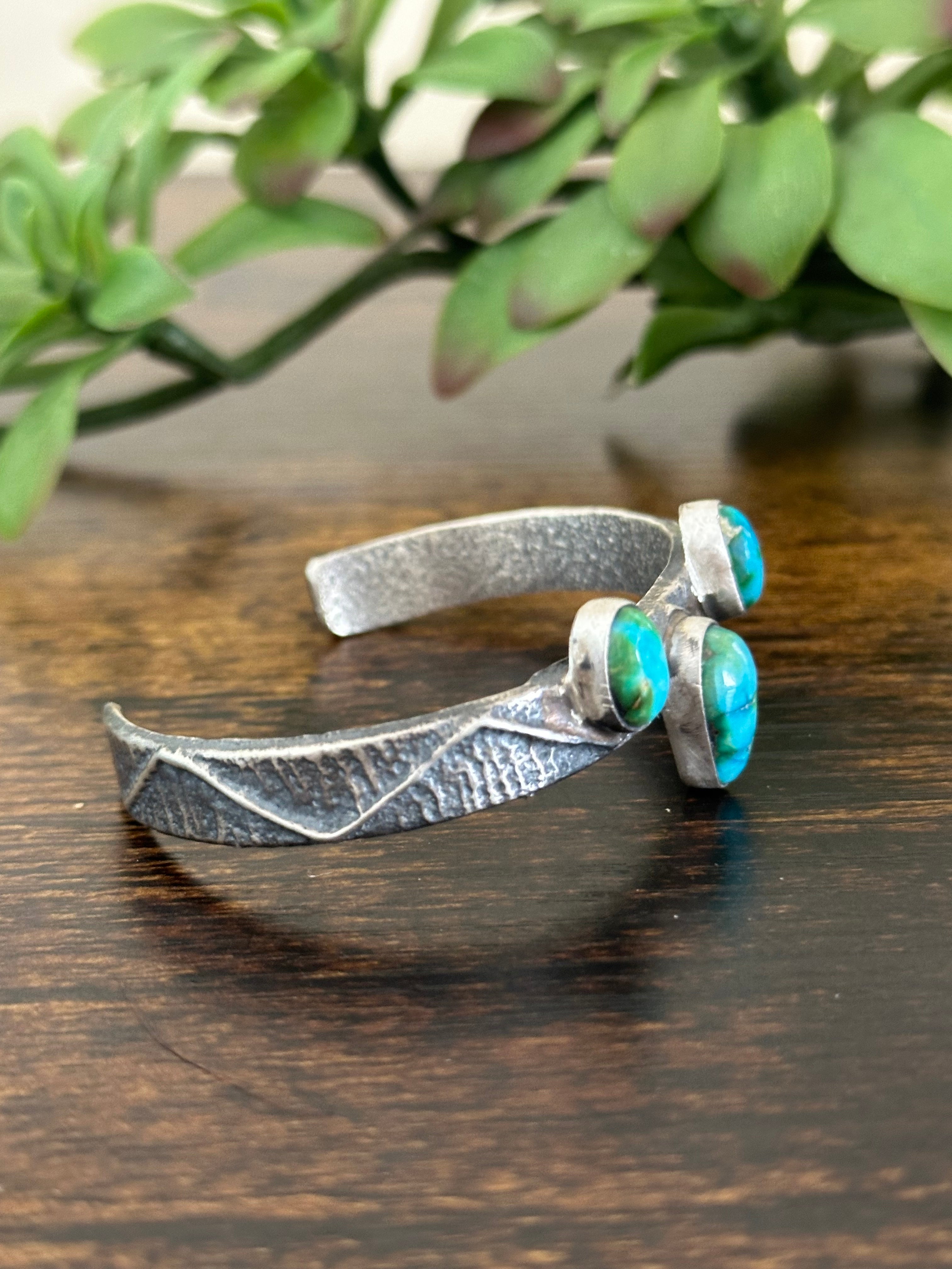 Navajo Made Sonoran Mountain Turquoise & Sterling Silver Tufa Cast Cuff Bracelet