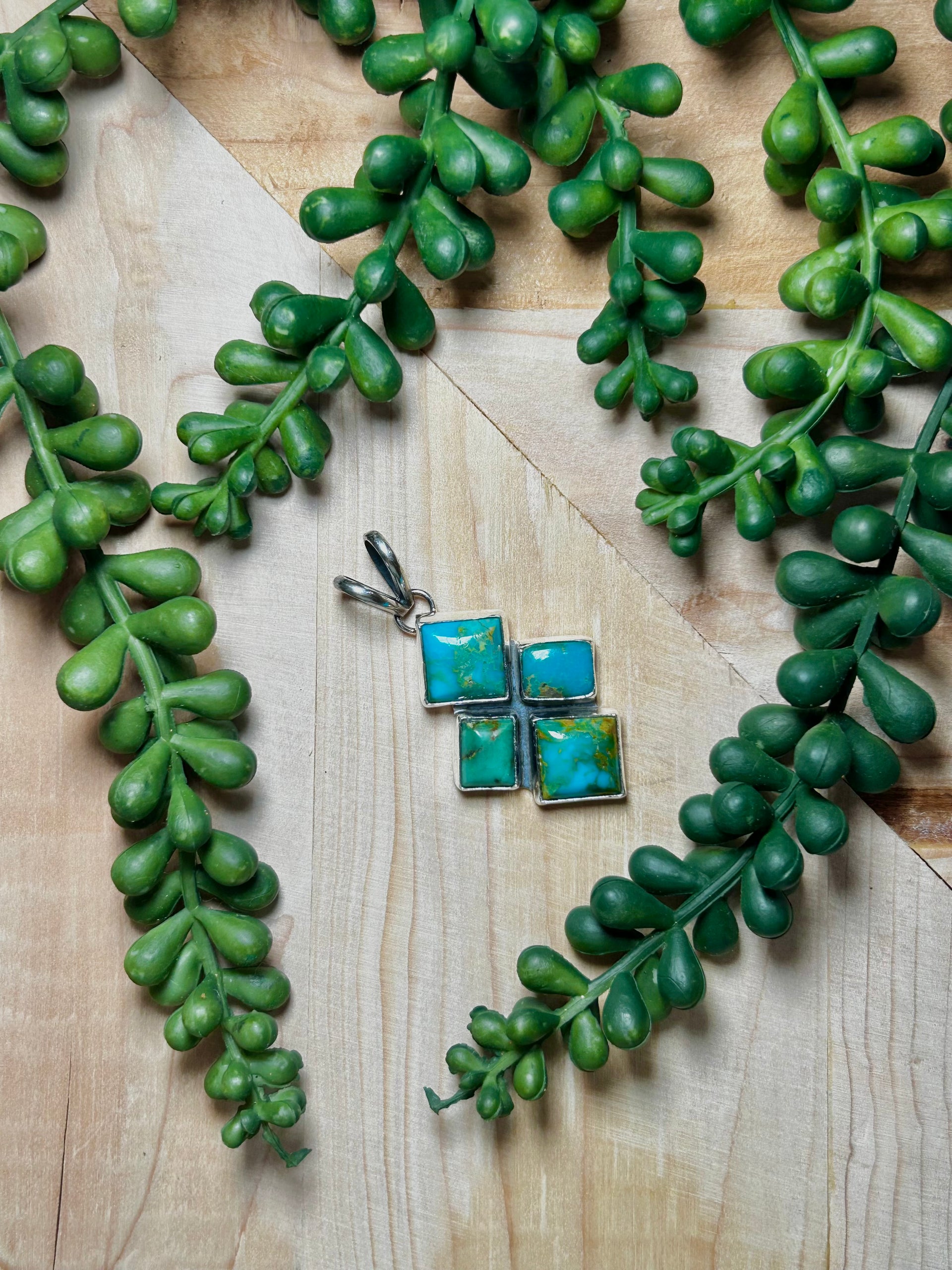 Navajo Made Kingman Turquoise & Sterling Silver Cluster Pendant