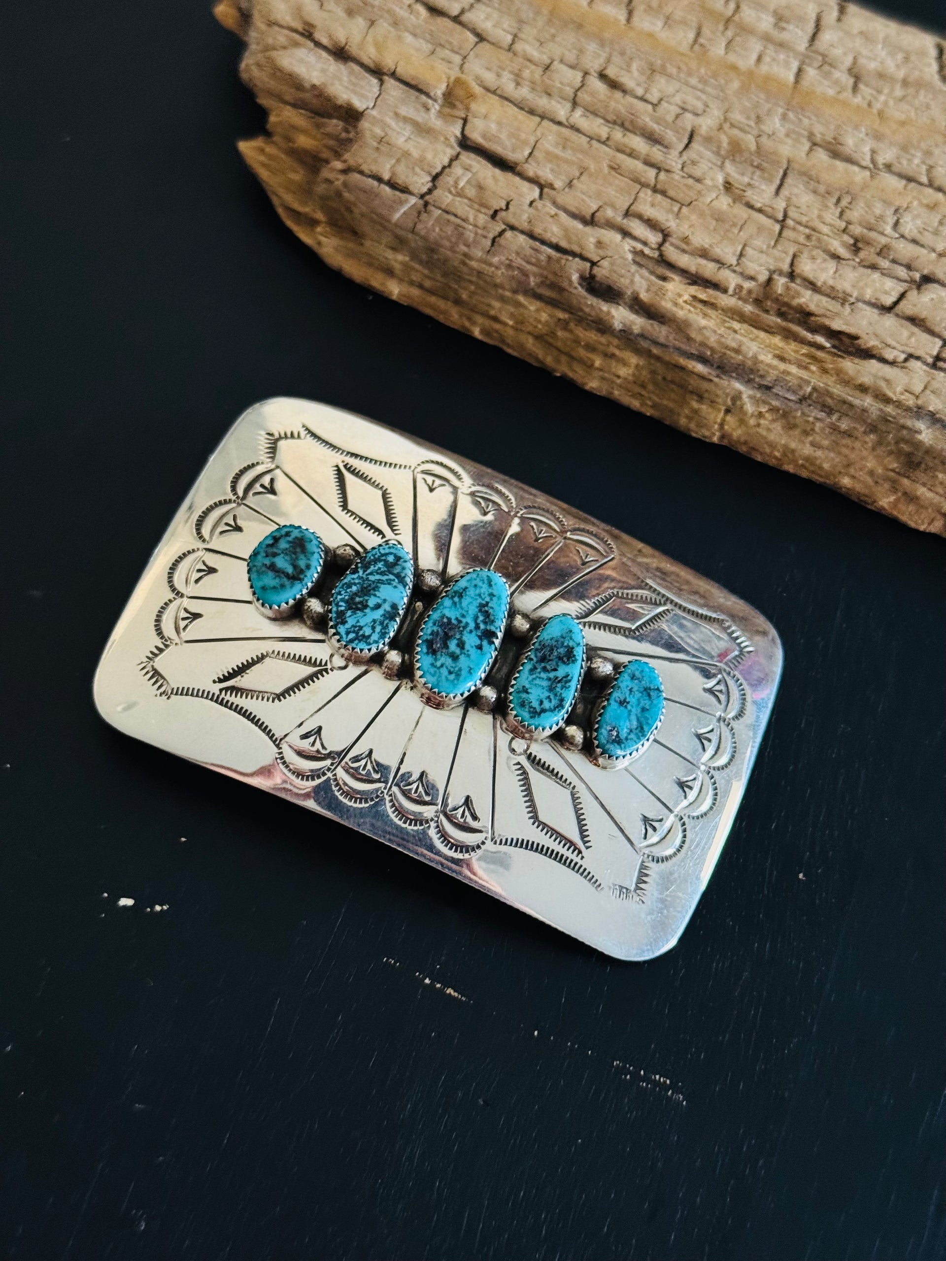 Navajo Made Kingman Turquoise & Sterling Silver Belt Buckle