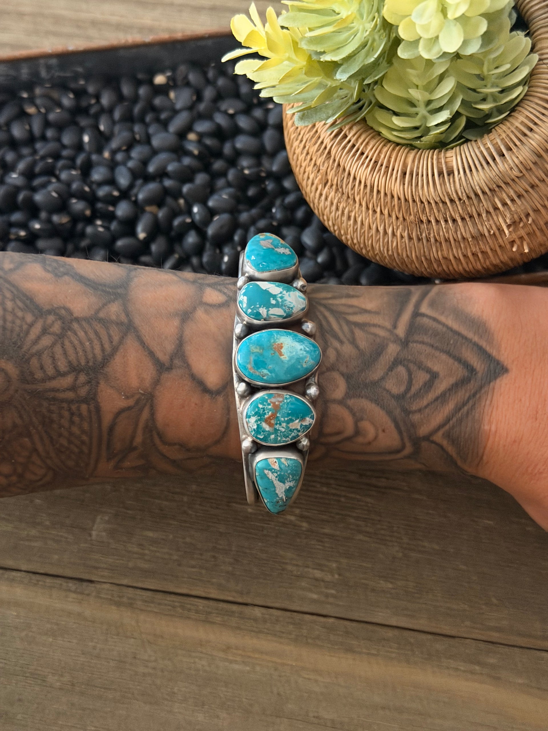 Bobby Johnson Fox Turquoise & Sterling Silver Cluster Cuff Bracelet