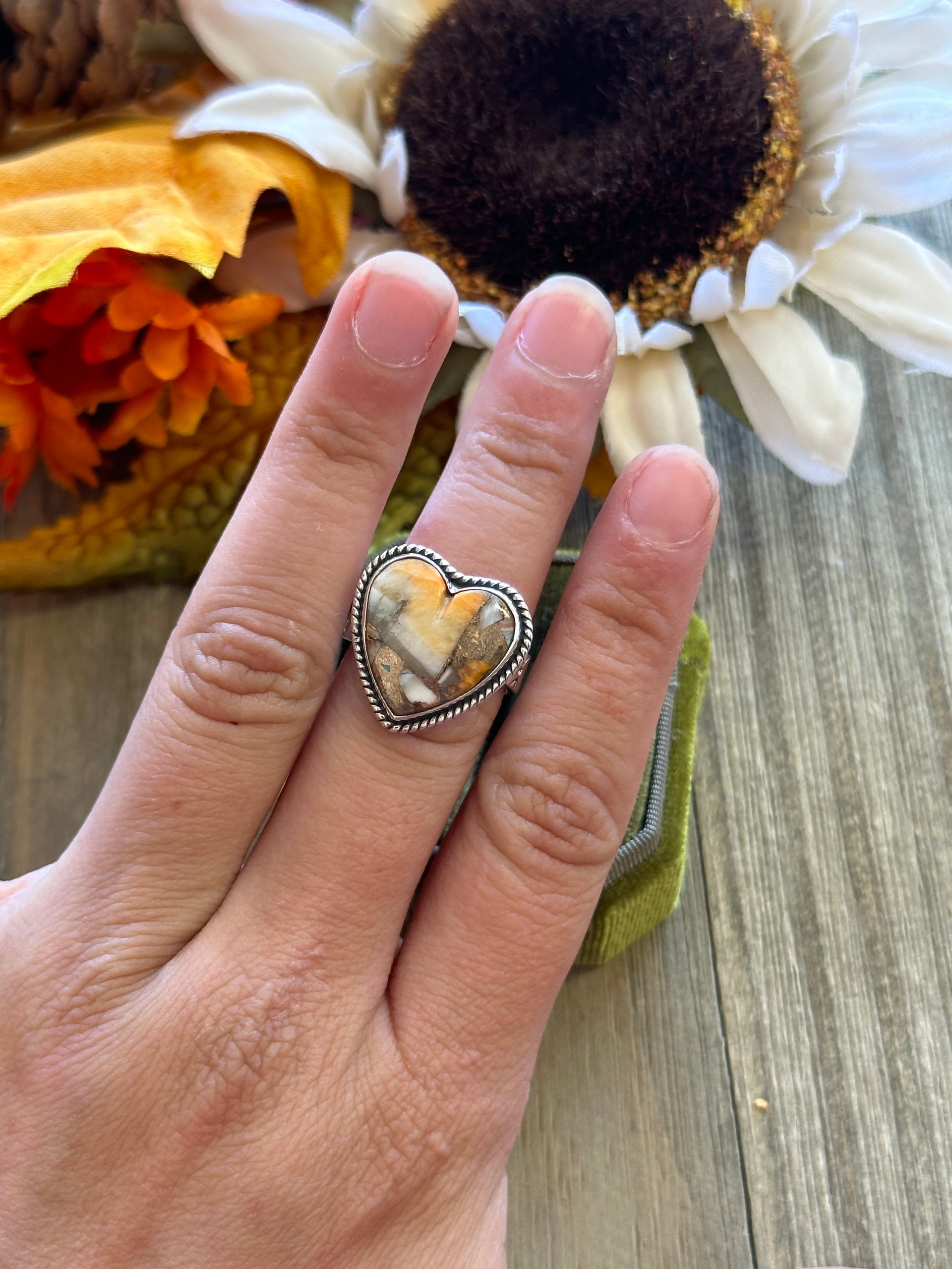 Southwest Handmade Mohave Turquoise & Sterling Silver Adjustable Heart Ring