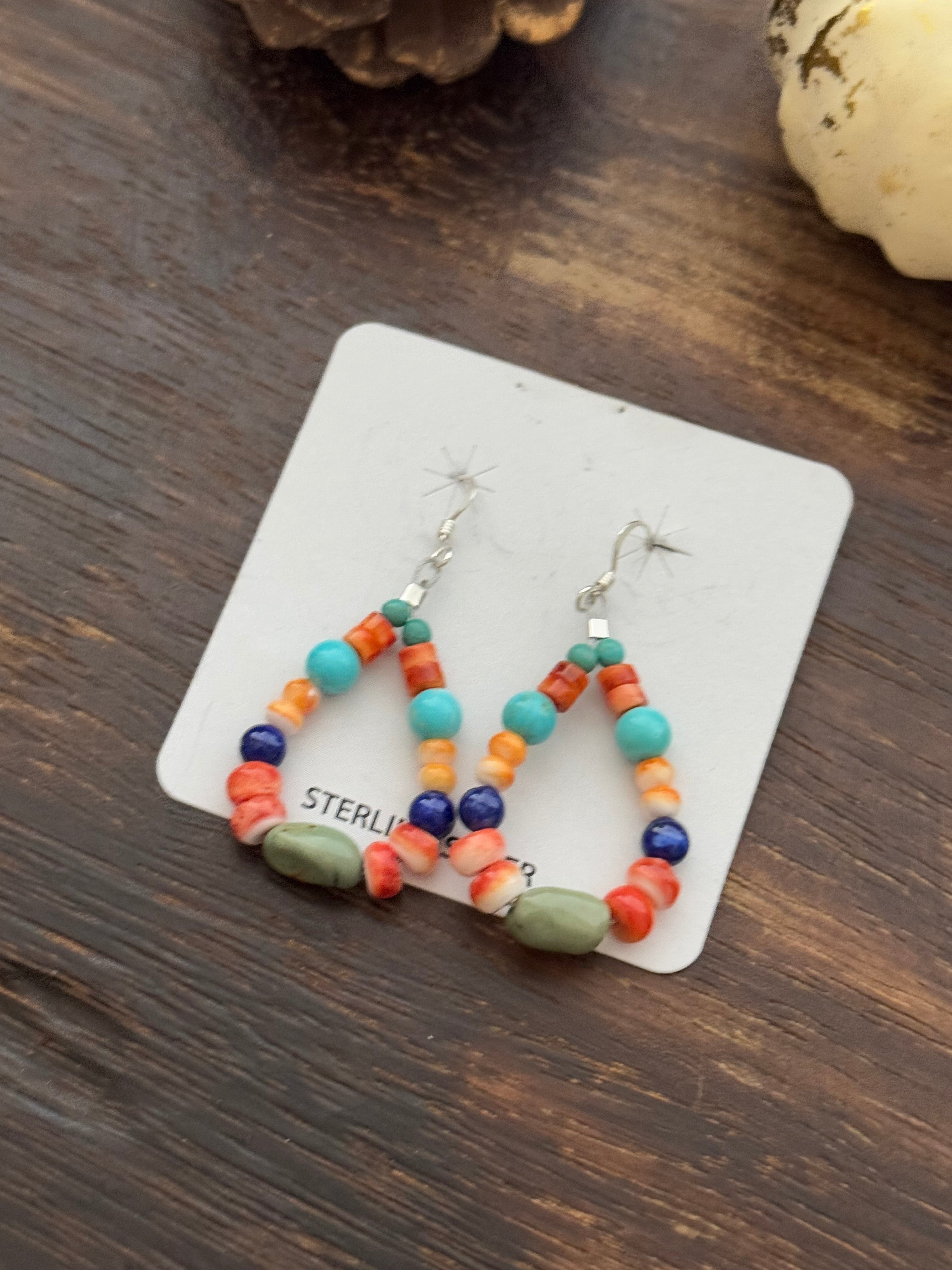 Navajo Made Multi Stone & Sterling Silver Beaded Dangle Earrings