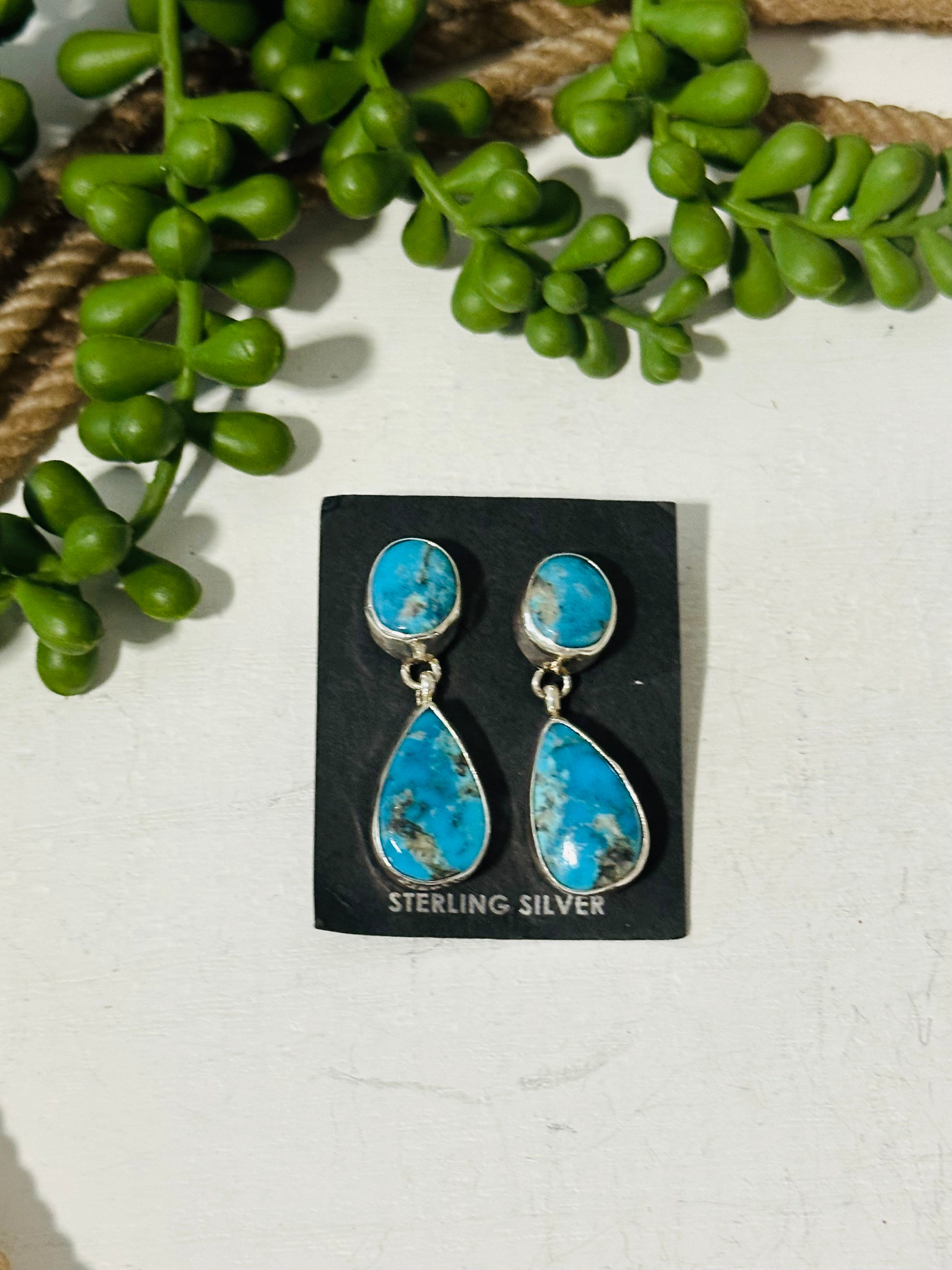 Navajo Handmade Kingman Turquoise & Sterling Silver Post Dangle Earrings