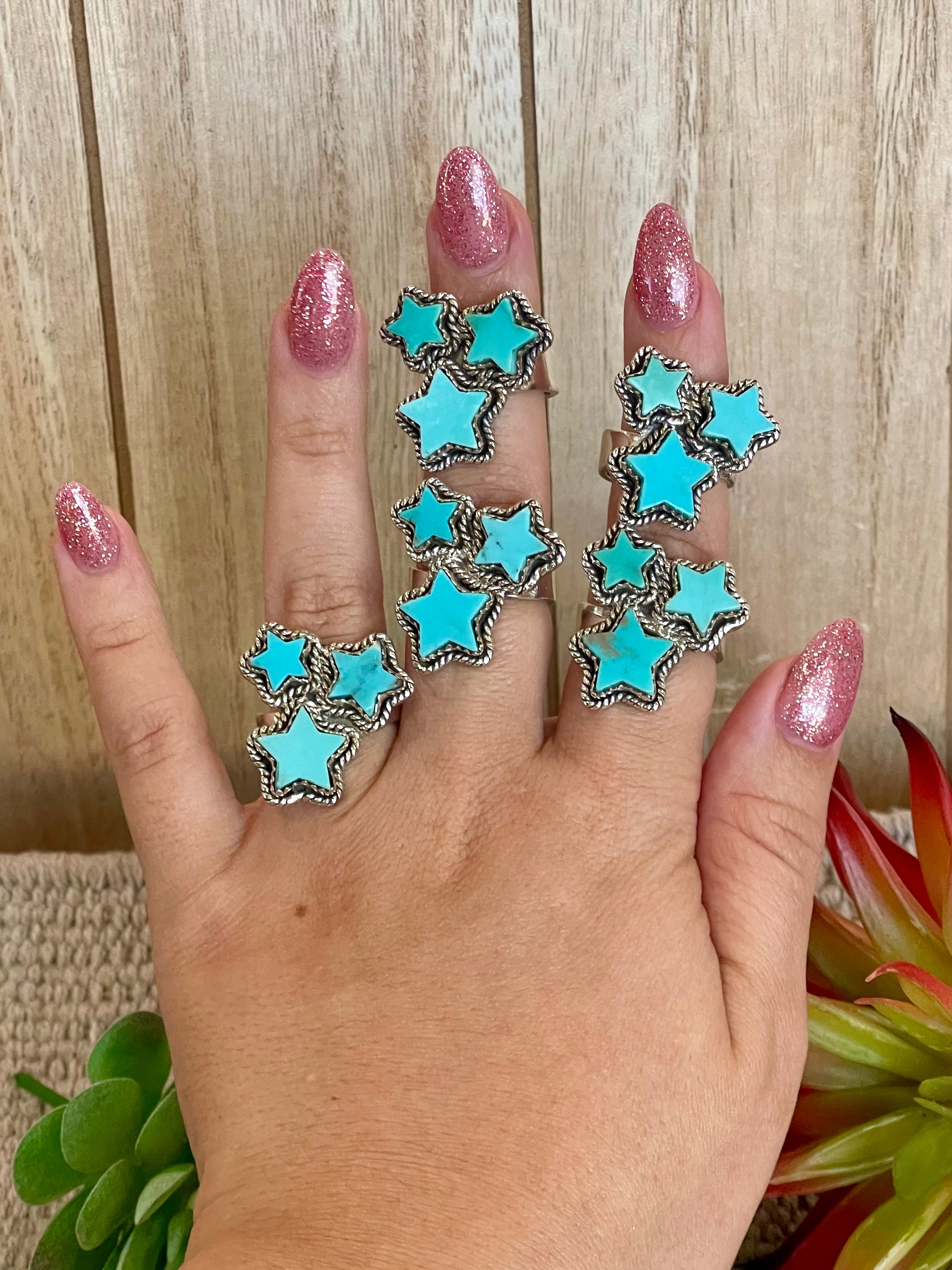 Southwest Handmade Kingman Turquoise & Sterling Silver Adjustable Star Ring