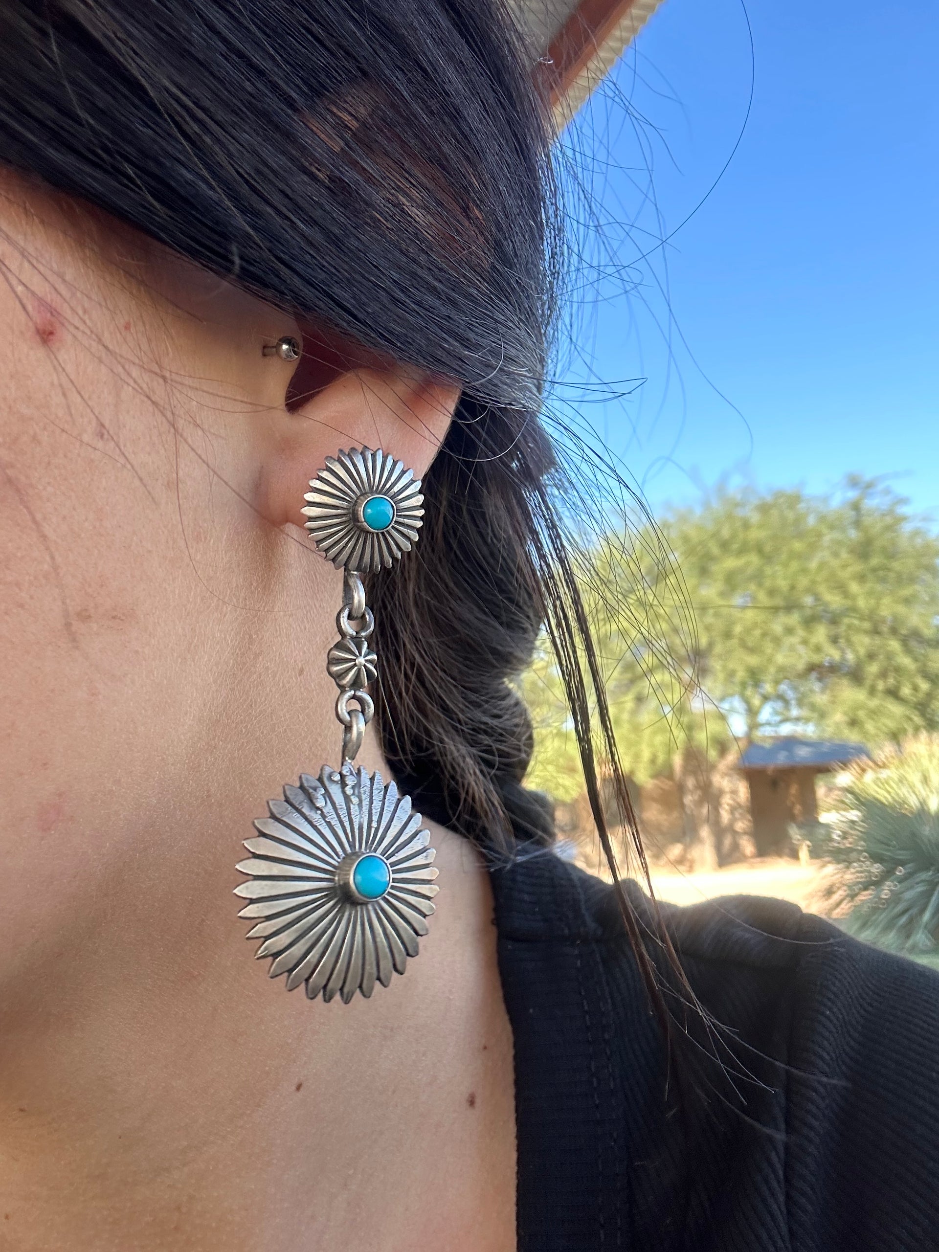 Navajo Made Kingman Turquoise & Sterling Silver Dangle Concho Earrings