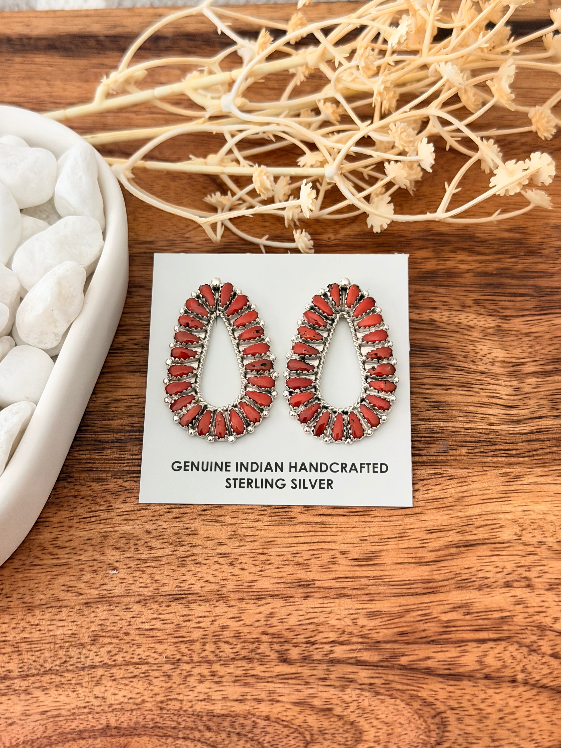 Navajo Made Mediterranean Coral & Sterling Silver Post Dangle Cluster Earrings