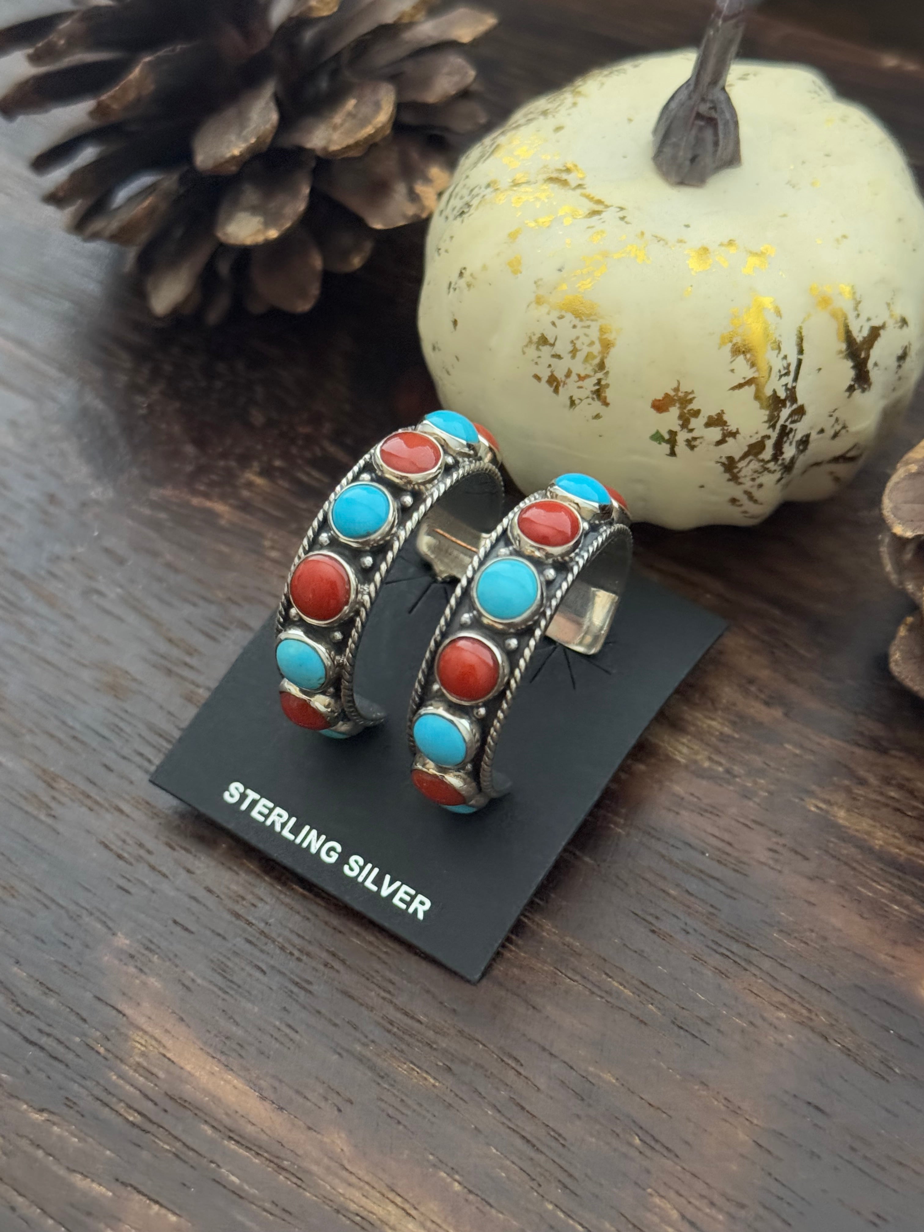 Navajo Made Multi Stone & Sterling Silver Hoop Earrings