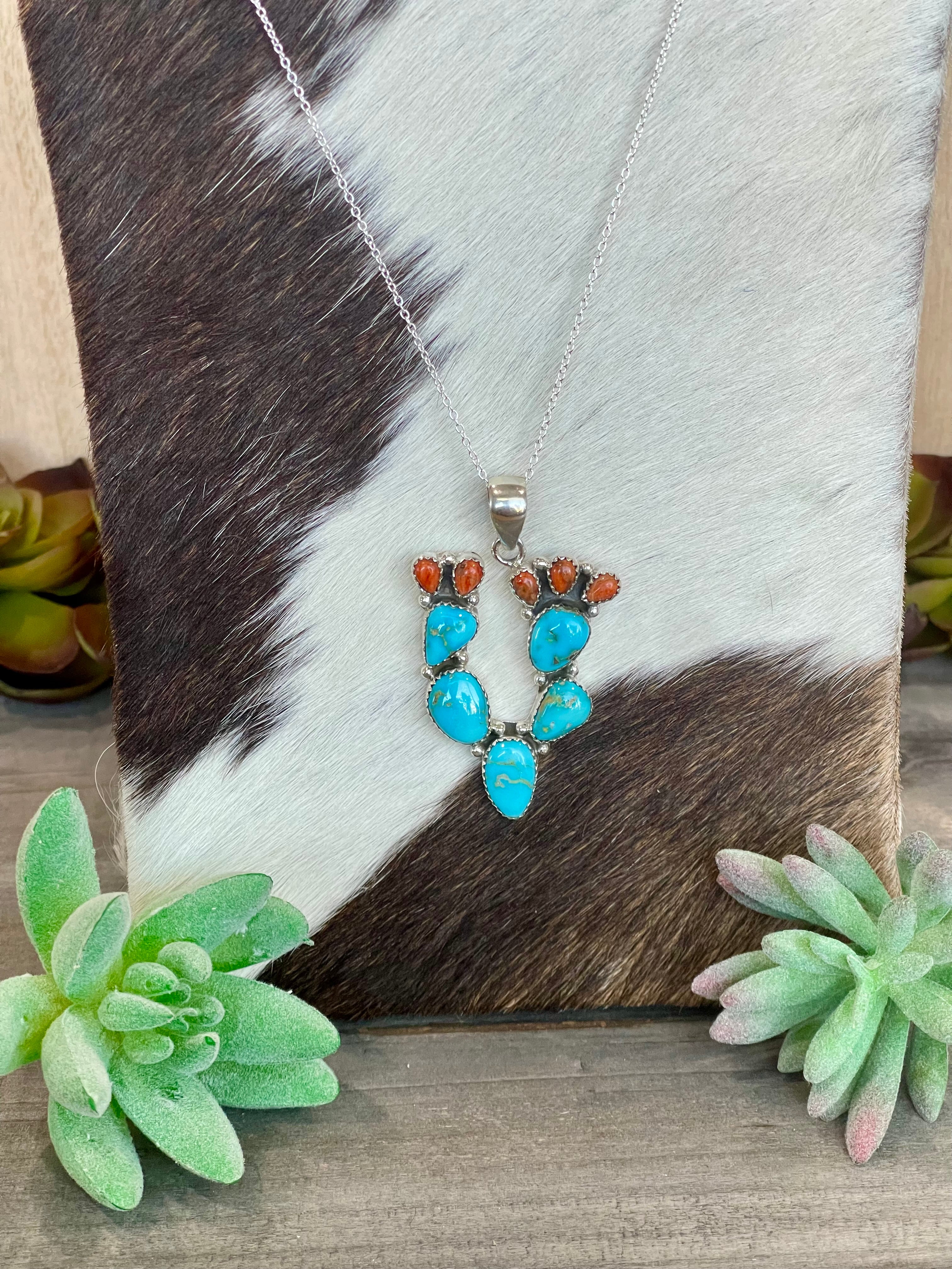 Southwest Handmade Sonoran Mountain Turquoise & Sterling Silver Prickly Pear  Necklace