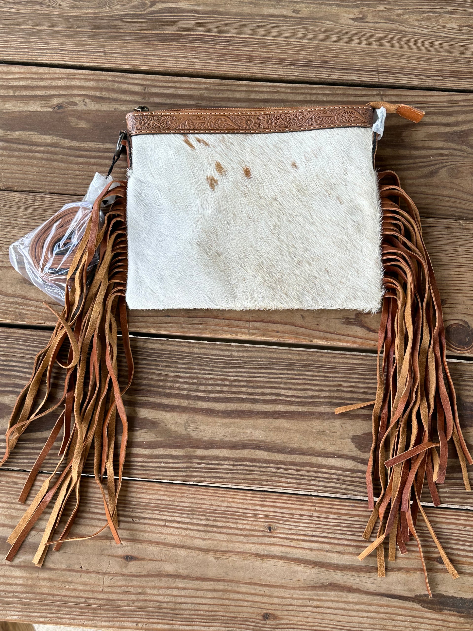 Genuine Leather Cowhide Tooled Cross Body Fringe Purse