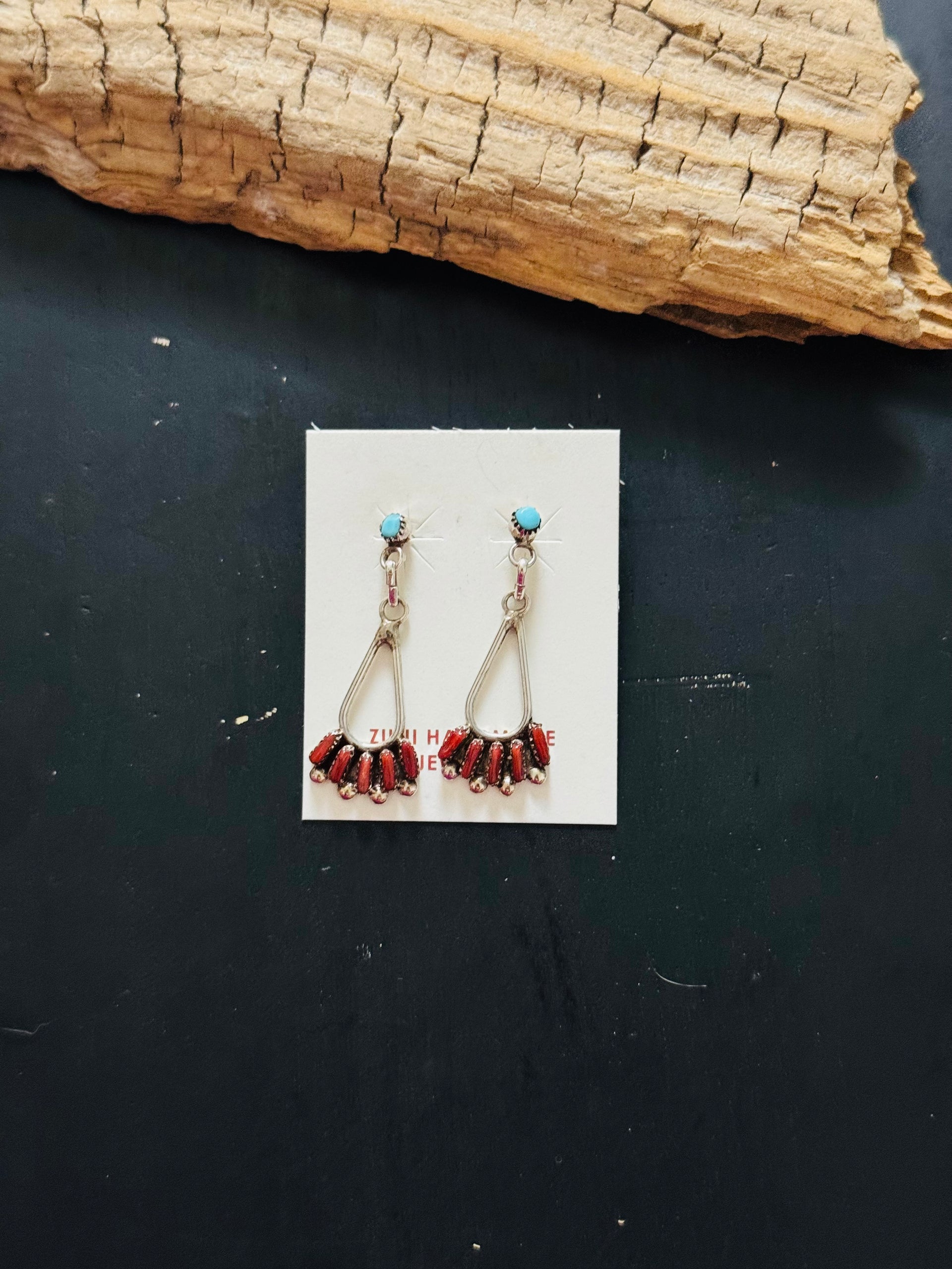 Zuni Made Multi Stone & Sterling Silver Post Dangle Earrings