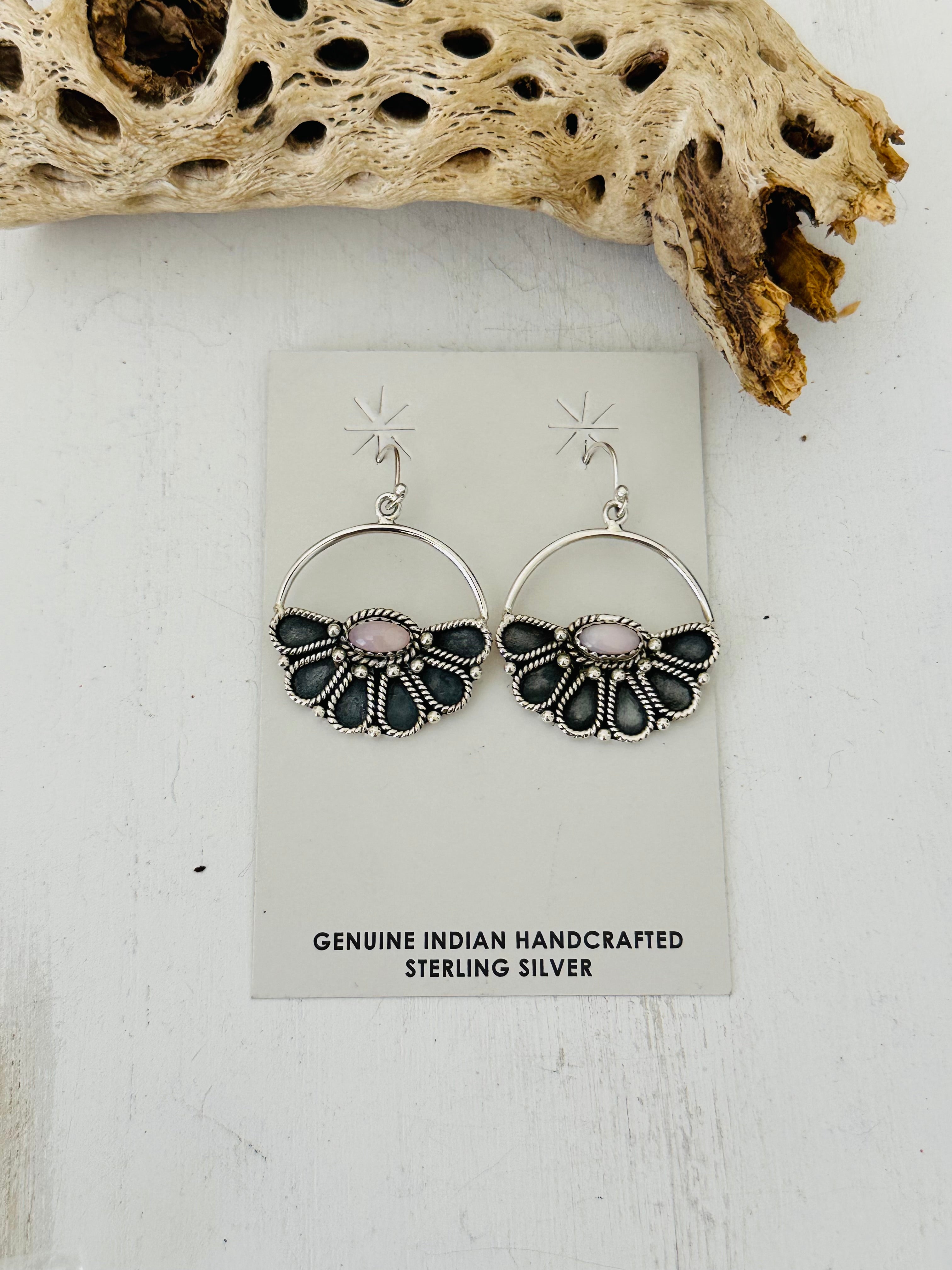 Southwest Handmade Pink Conch & Sterling Silver Half Flower Dangle Earrings