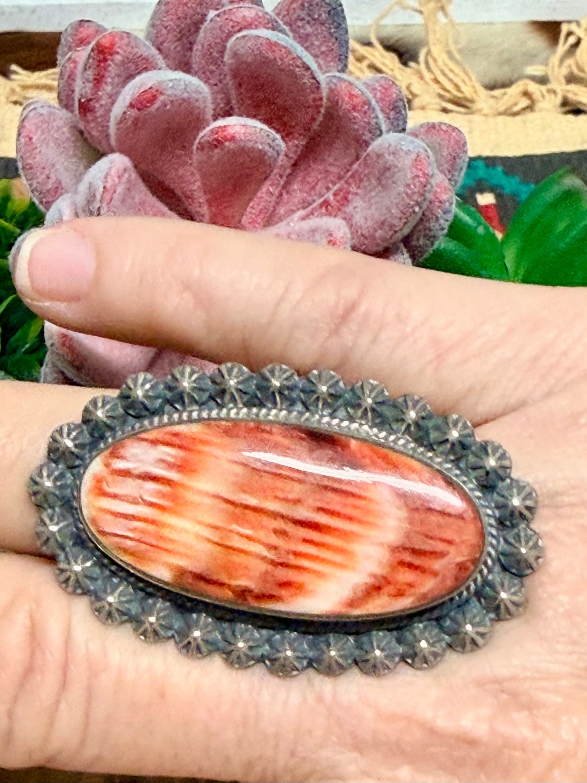 Southwest Handmade Red Spiny Oyster & Sterling Silver Ring Size 10.25