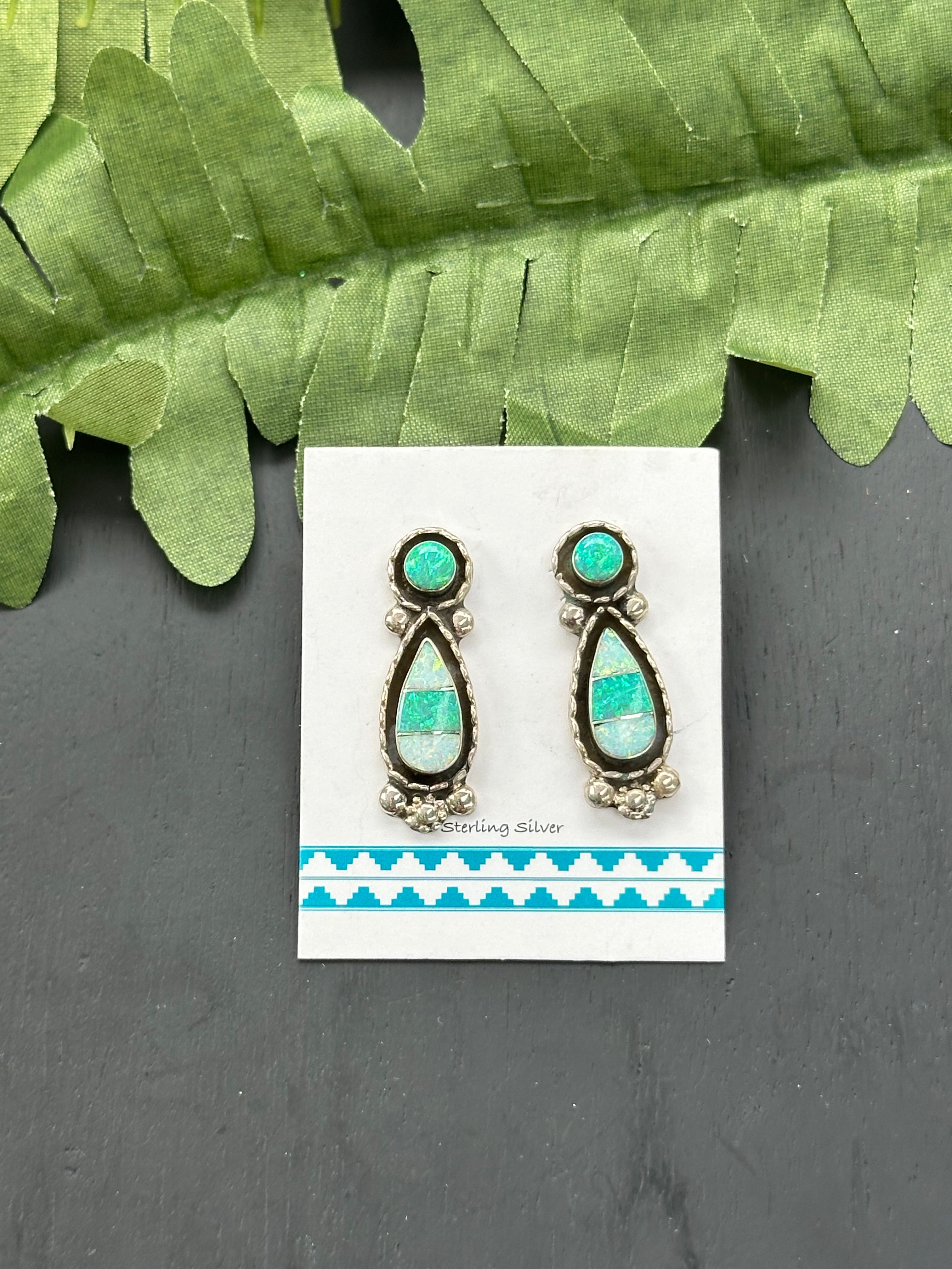 Navajo Made Opal (Man Made) & Sterling Silver Post Dangle Earrings