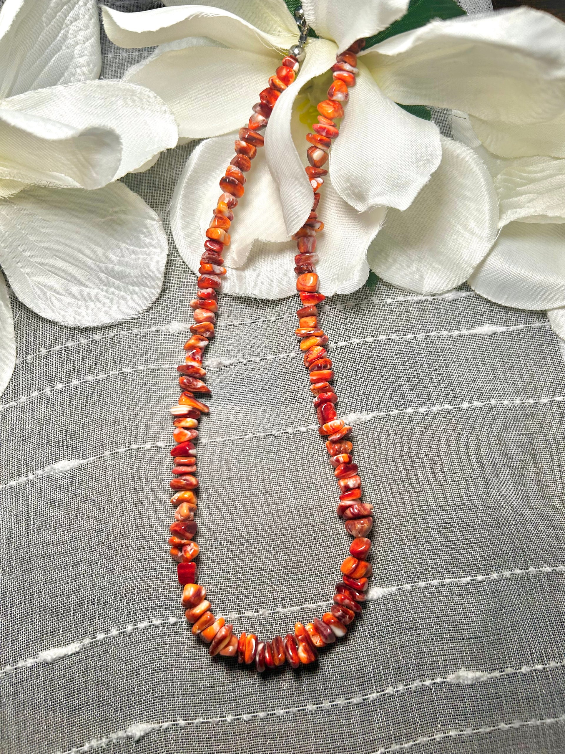 Navajo Made Strung Spiny Oyster & Sterling Silver Necklace