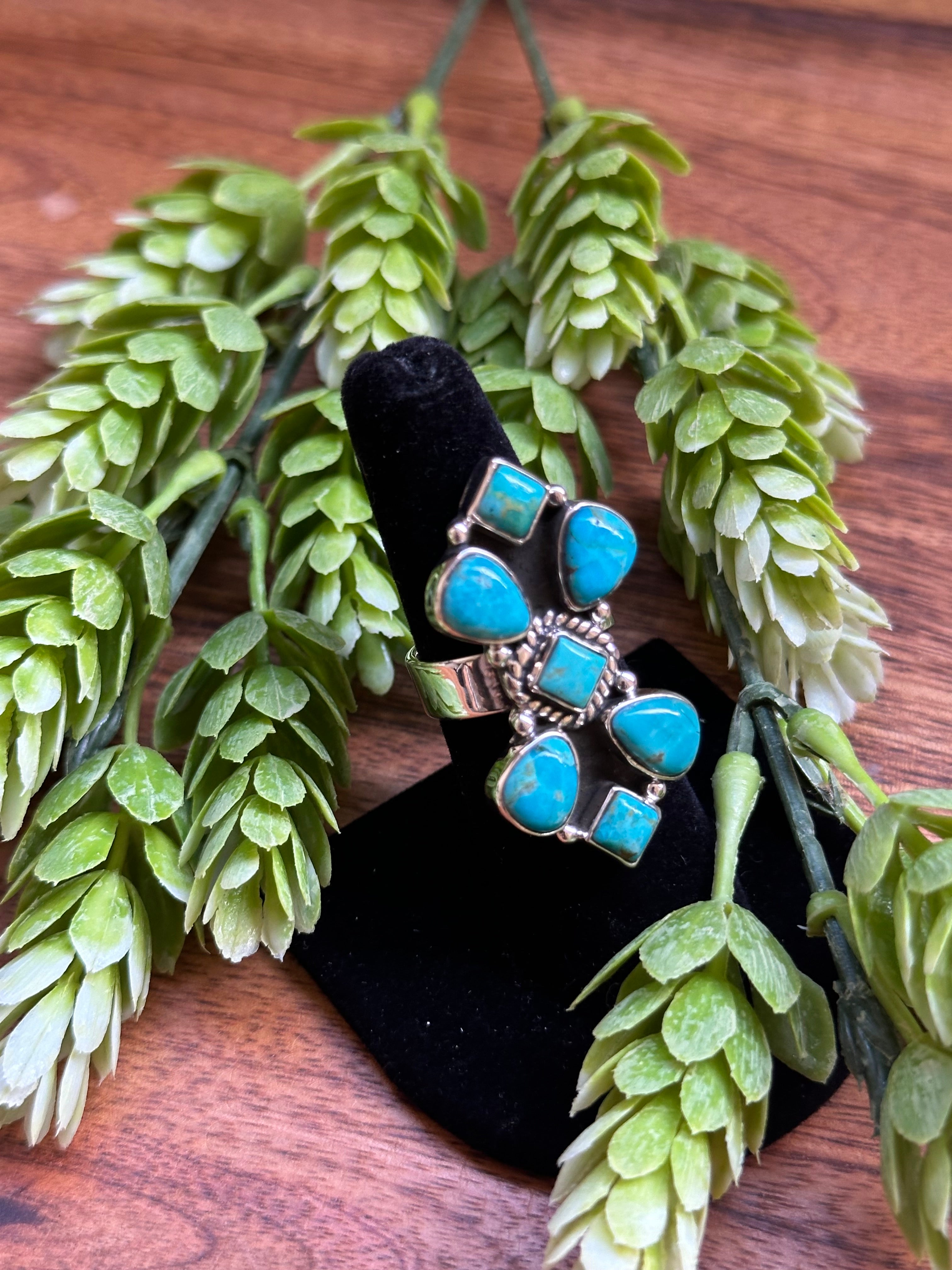 Southwest Handmade Kingman Turquoise & Sterling Silver Adjustable Cluster Ring