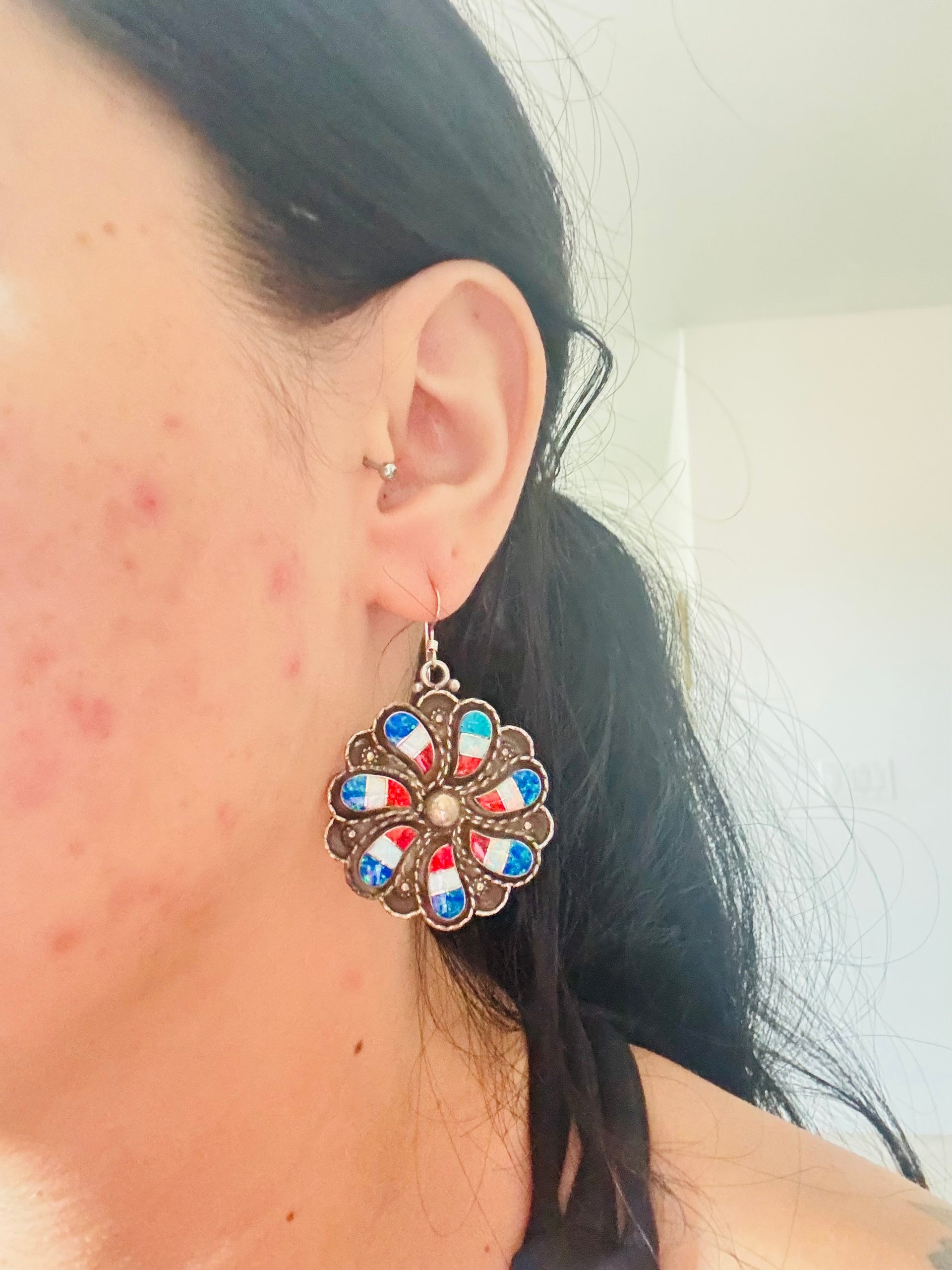 Zuni Made Opal (Man Made) & Sterling Silver Dangle Earrings