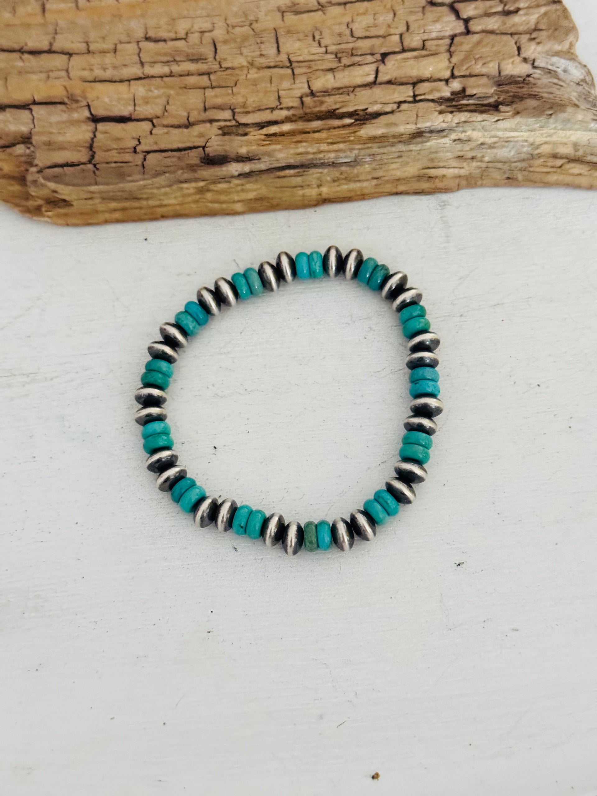 Navajo Strung Kingman Turquoise & Sterling Silver Pearl Beaded Stretch Bracelet