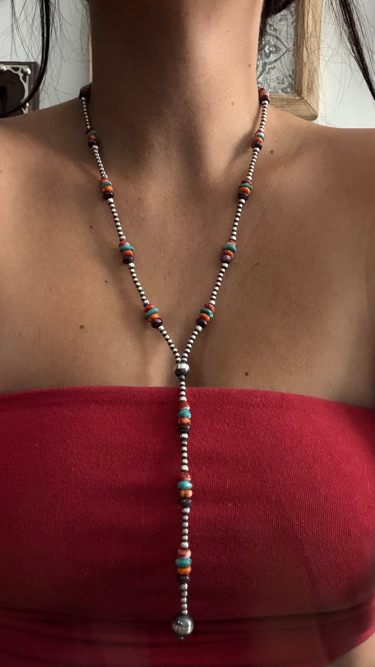 Navajo Strung Multi Stone & Sterling Silver Graduated Machine Made Beaded Lariat Pearl Necklace
