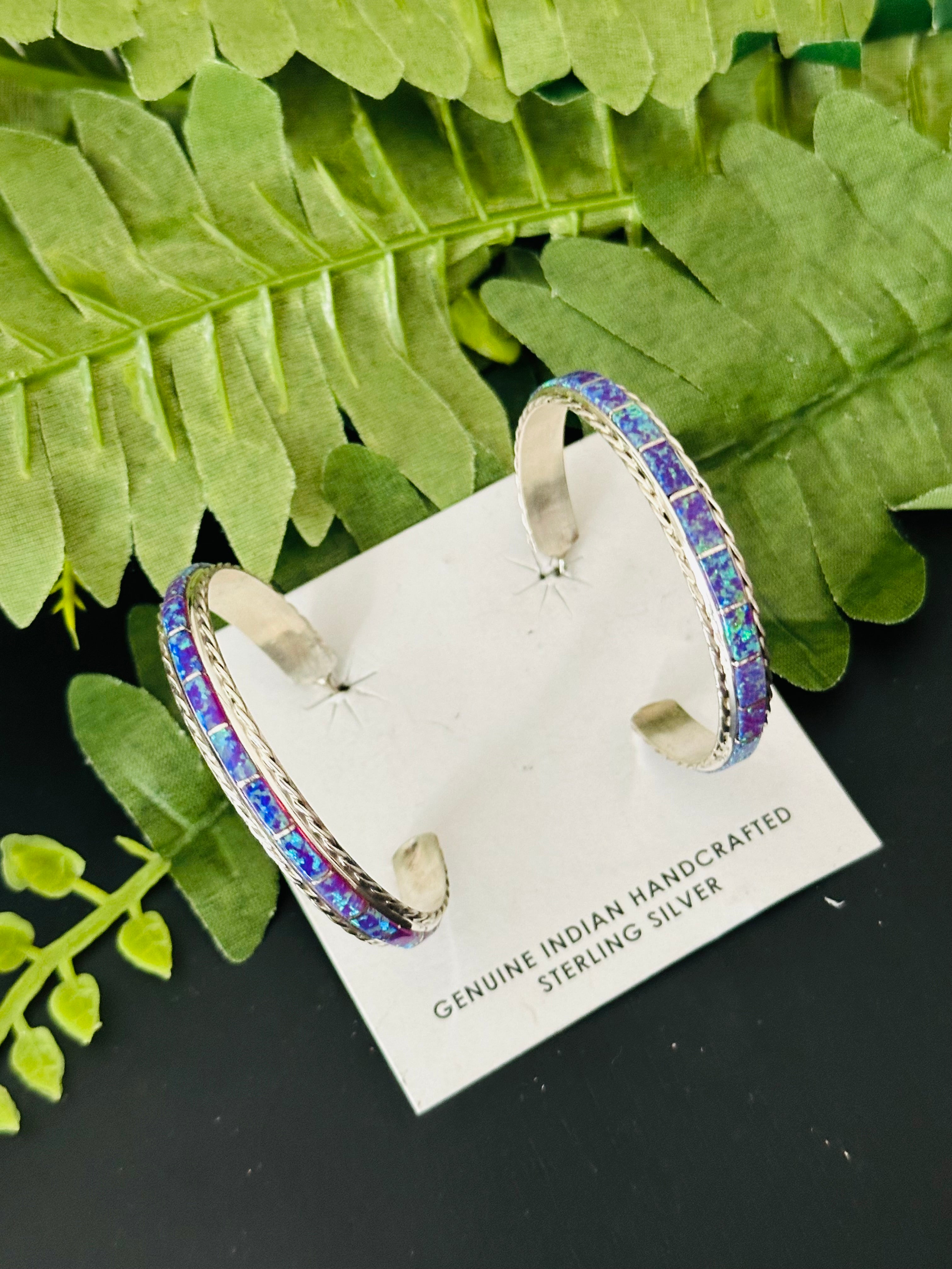 Navajo Made Opal & Sterling Silver Hoop Earrings