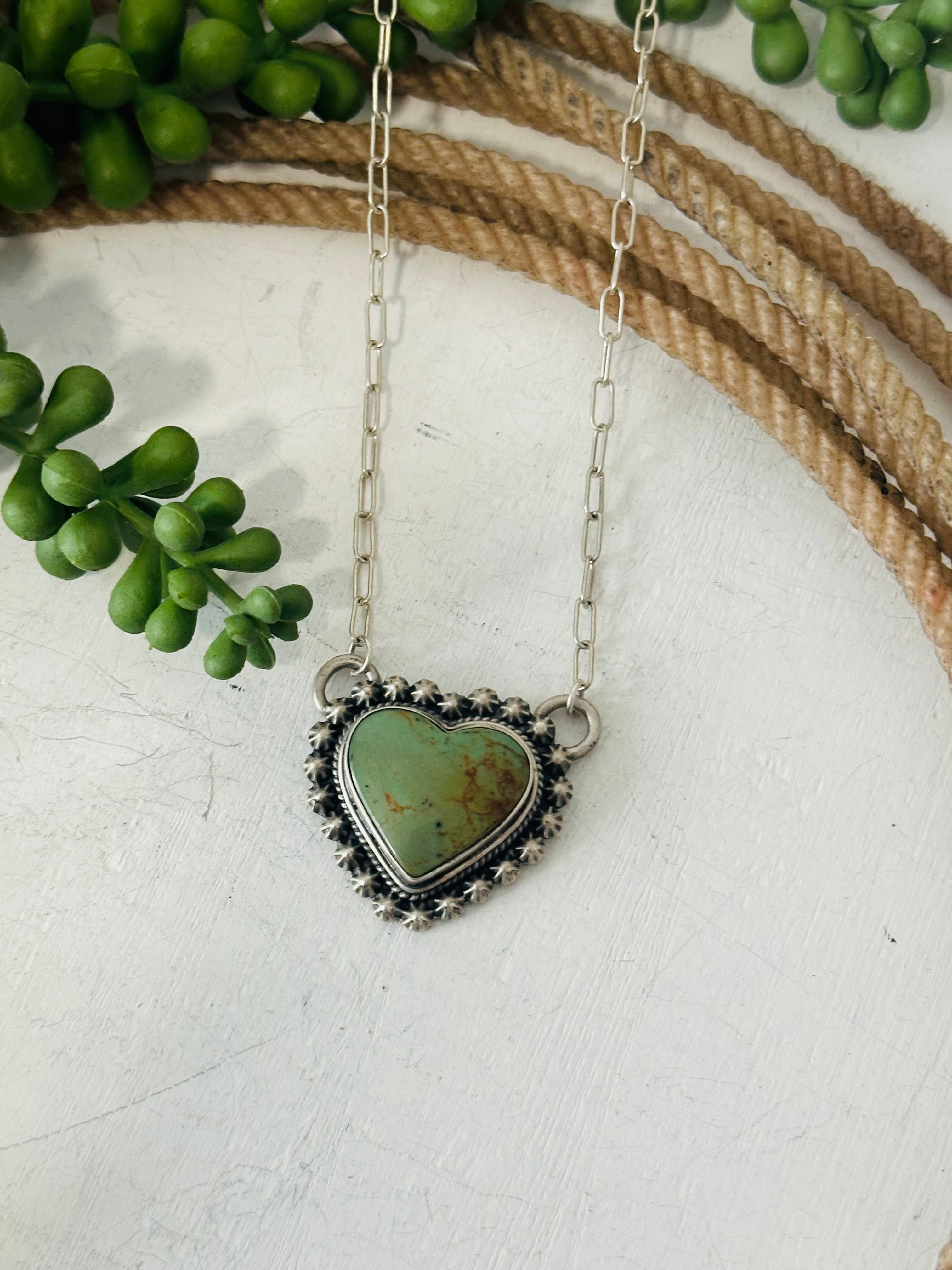 Navajo Made Kingman Turquoise & Sterling Silver Heart Necklace