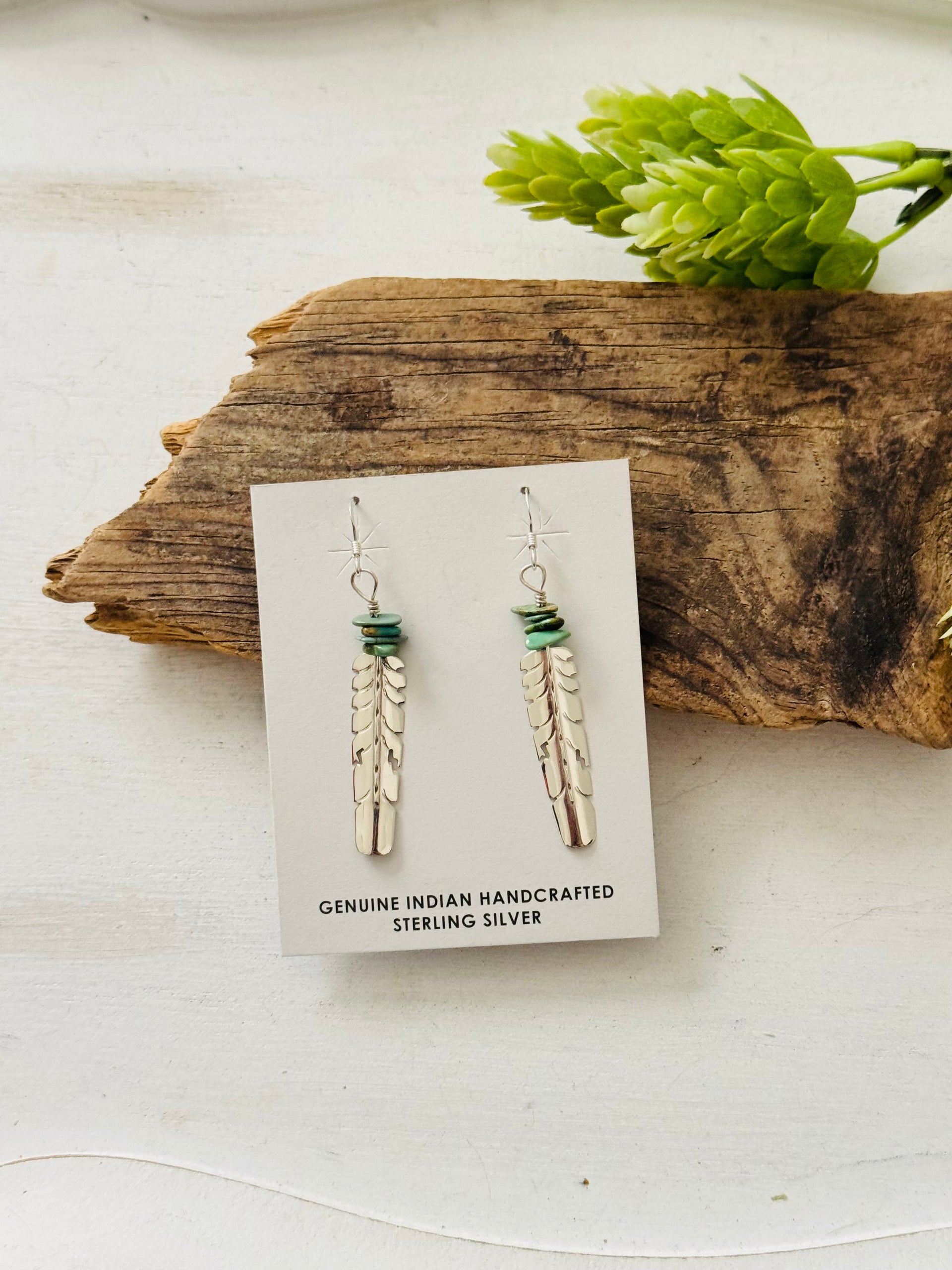 Navajo Made Kingman Turquoise & Sterling Silver Dangle Feather Earrings