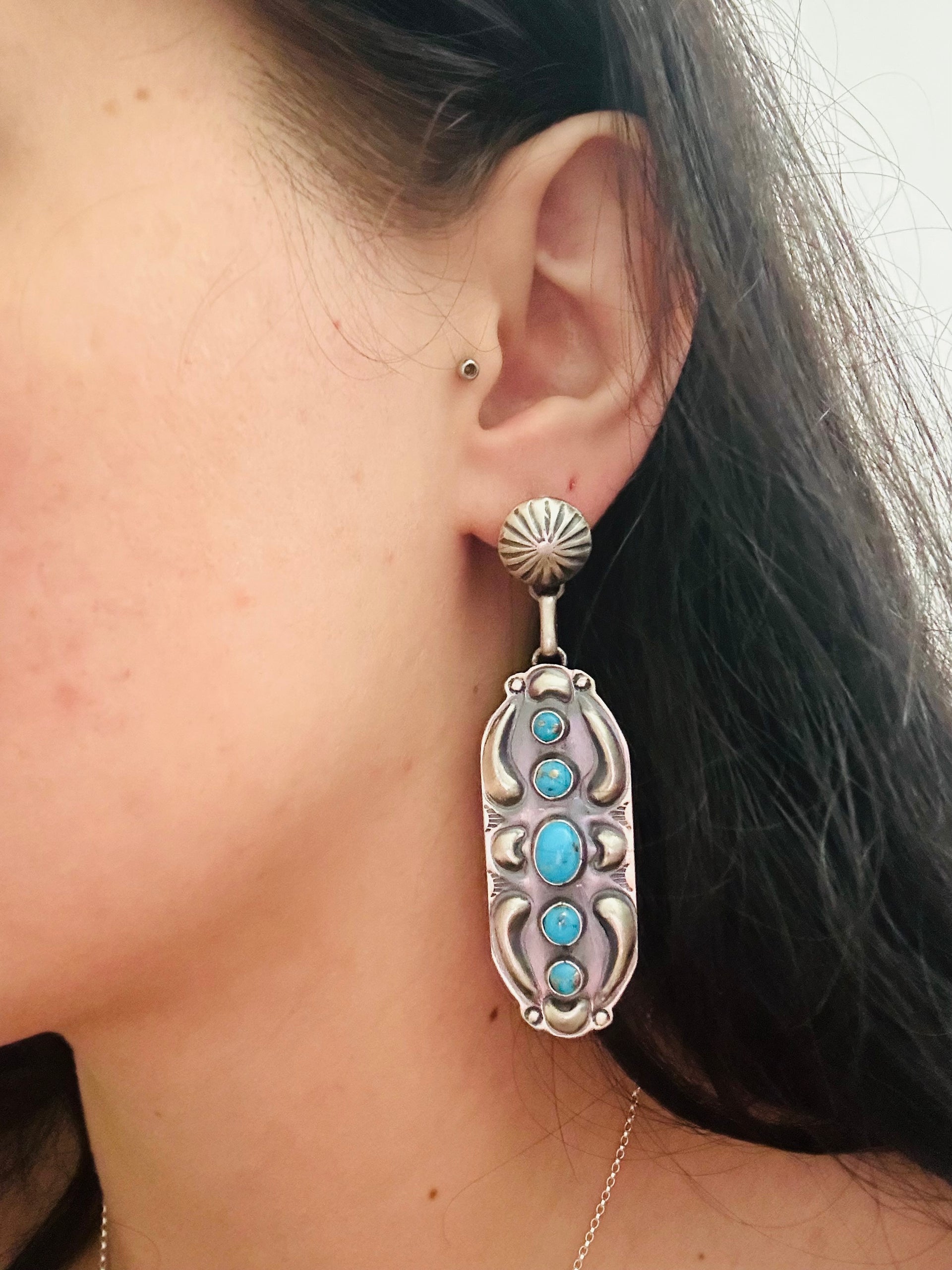 Jeff James Kingman Turquoise & Sterling Silver Post Dangle Concho Earrings