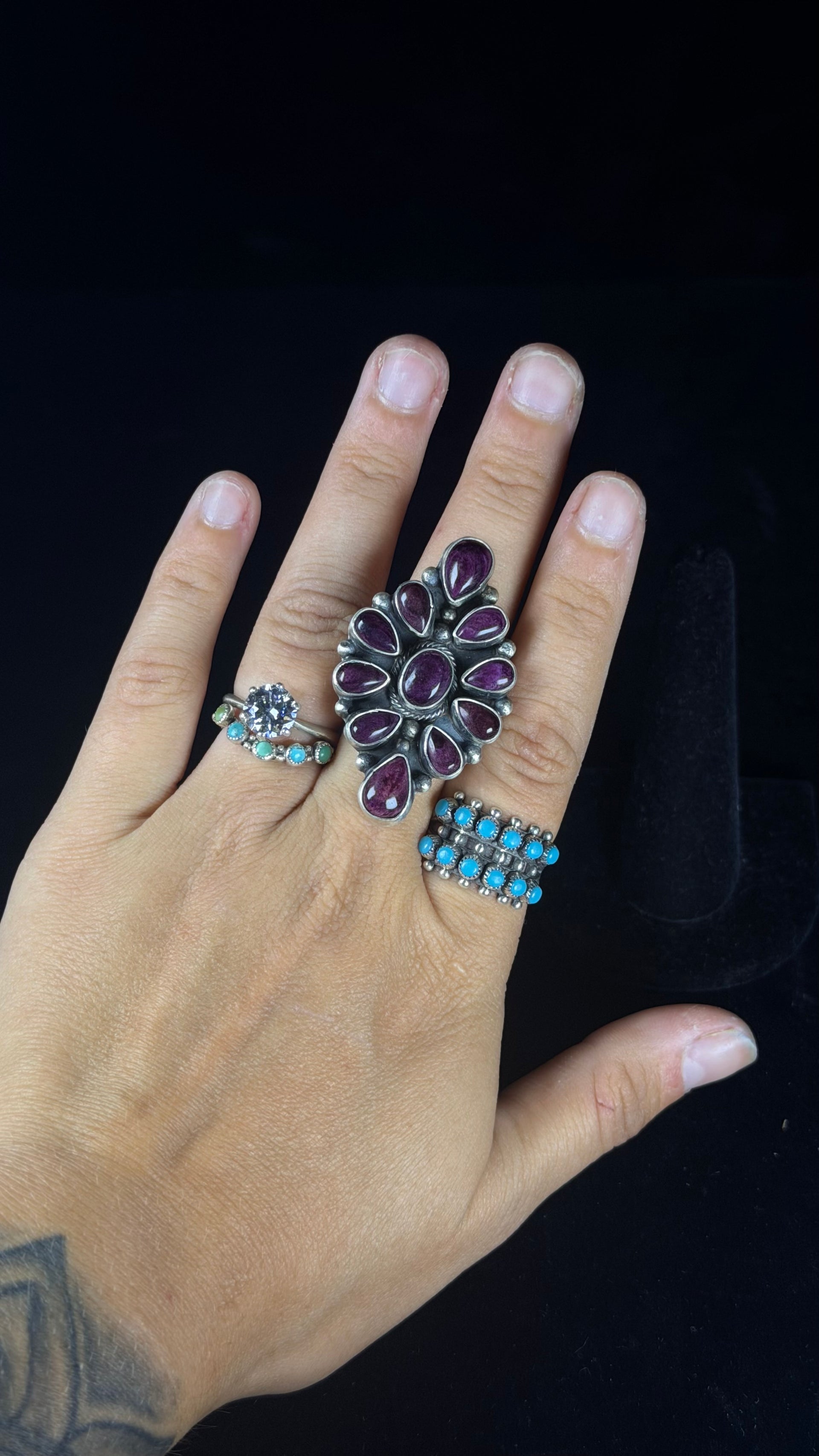 Sheila Becenti Purple Spiny Oyster & Sterling Silver Adjustable Cluster Ring