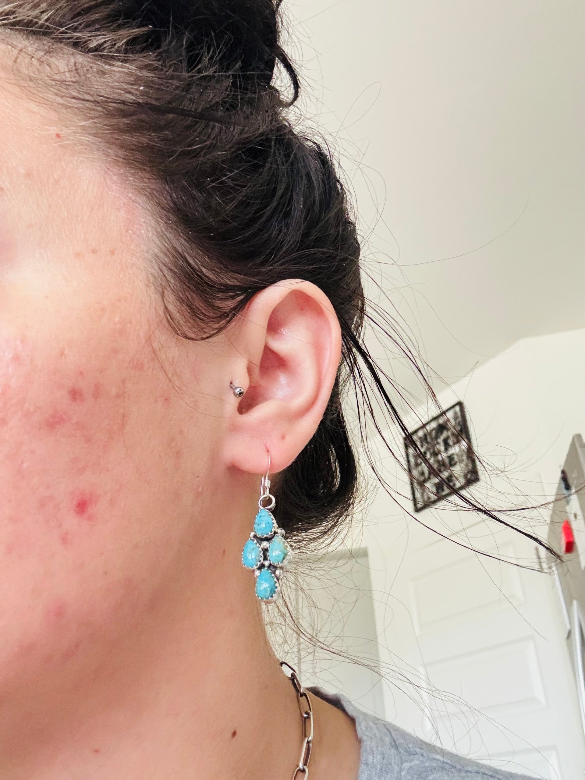 Pearline Spencer Kingman Turquoise & Sterling Silver Cluster Dangle Earrings