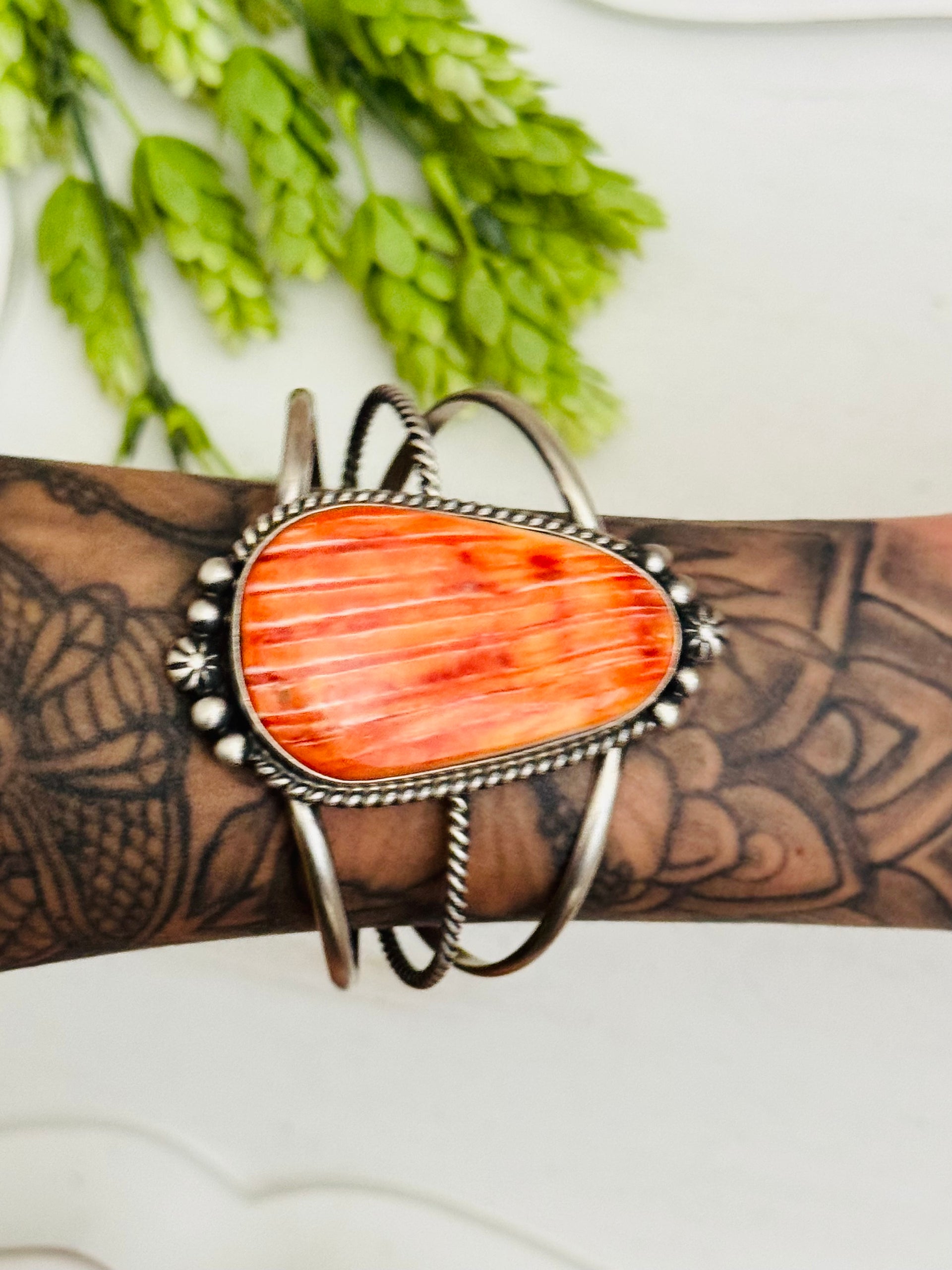 Irene Kee Red Spiny Oyster & Sterling Silver Cuff Bracelet