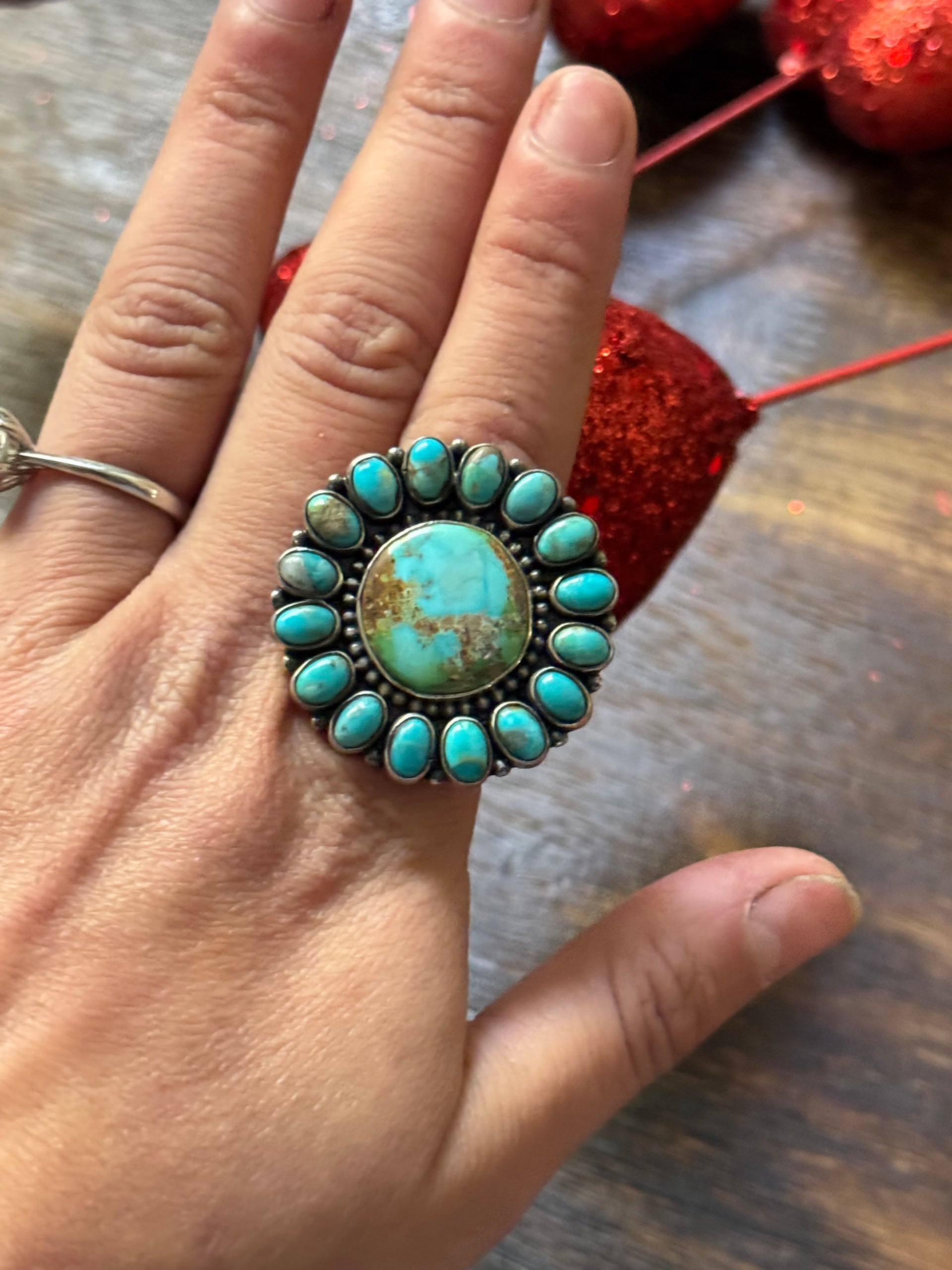 Southwest Handmade Multi Turquoise & Sterling Silver Adjustable Cluster Ring