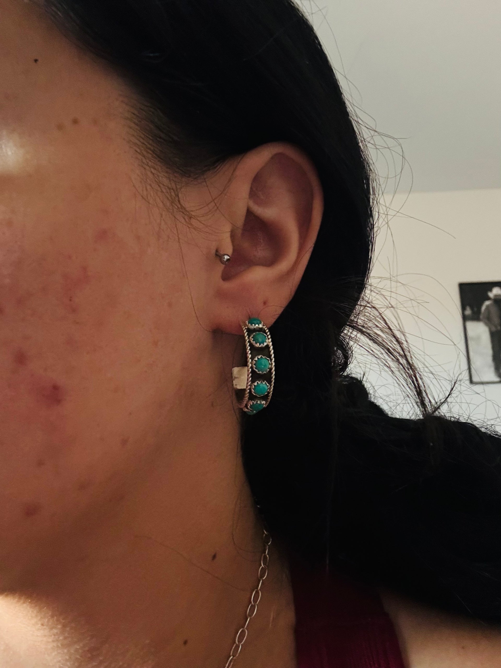 Navajo Made Kingman Turquoise & Sterling Silver Hoop Earrings