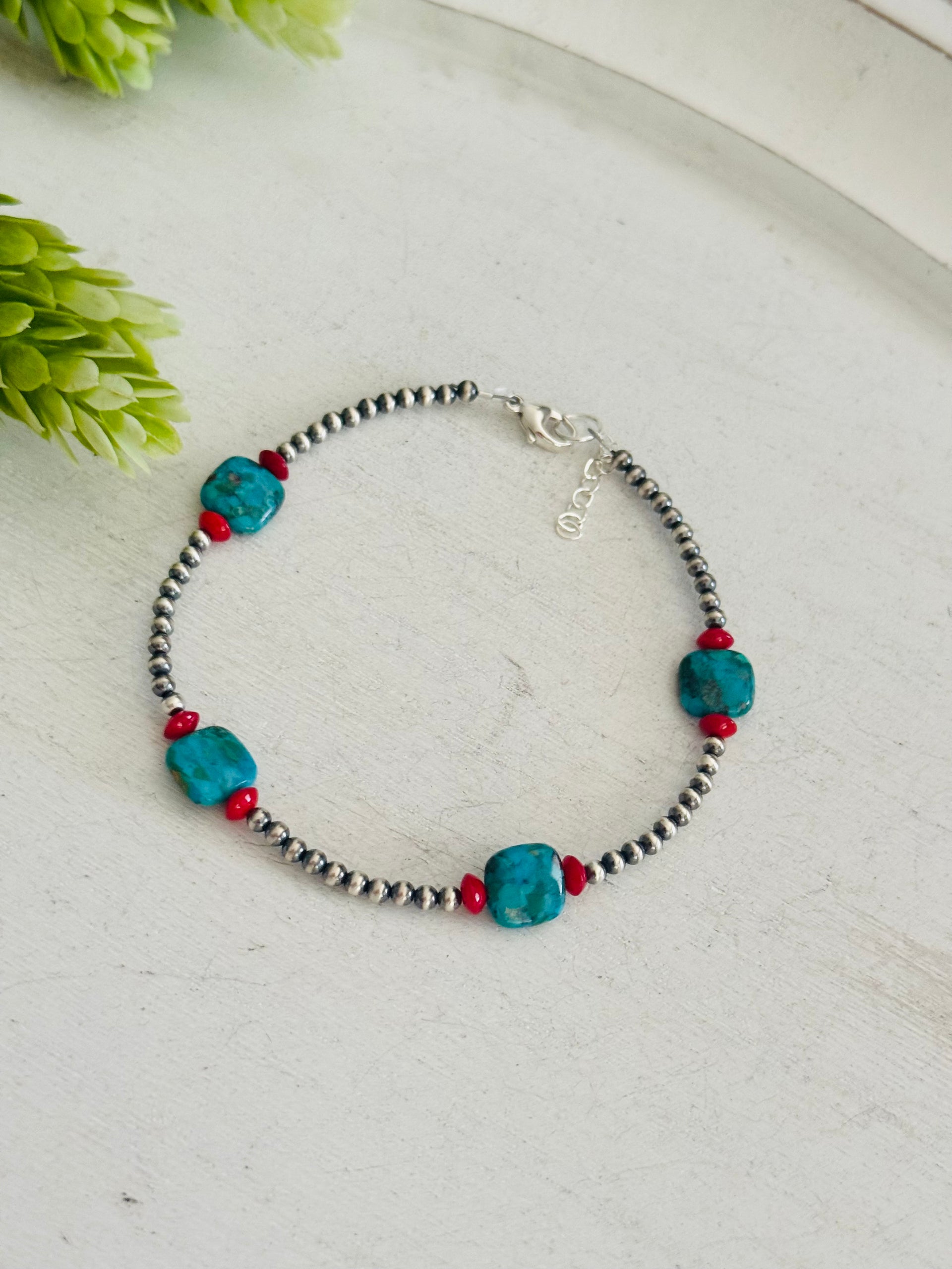 Southwest Strung Multi Stone & Sterling Silver Beaded Anklet