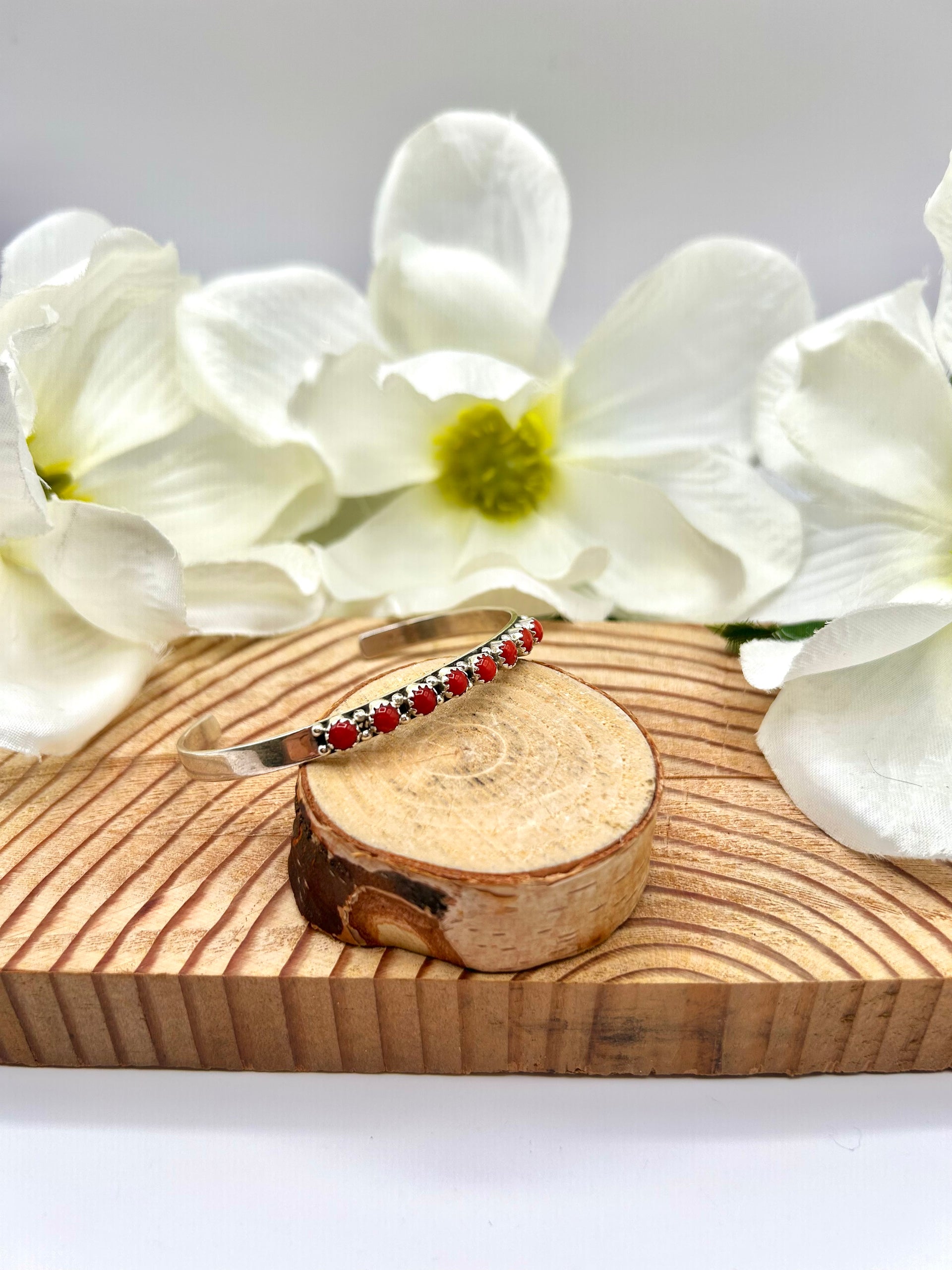 Navajo Made Coral & Sterling Silver Cuff Bracelet