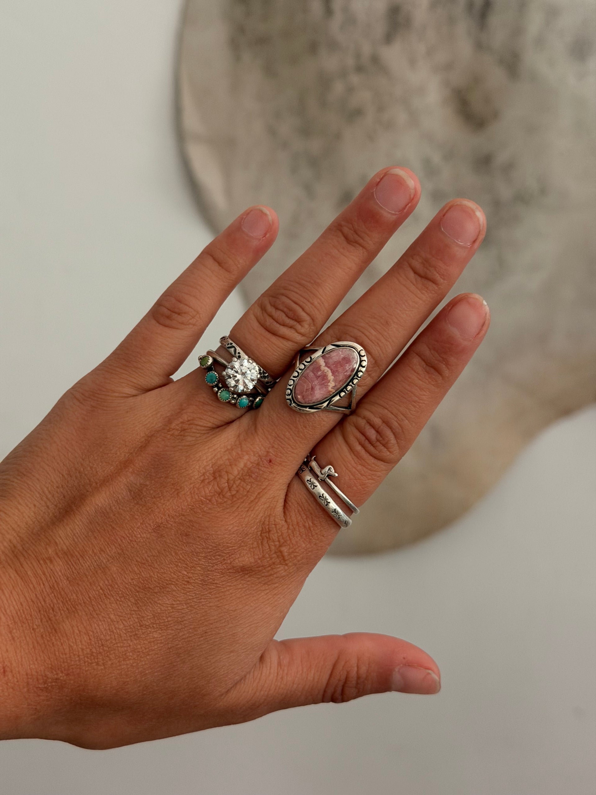 Navajo Made Rhodochrosite & Sterling Silver Ring Size 8.25