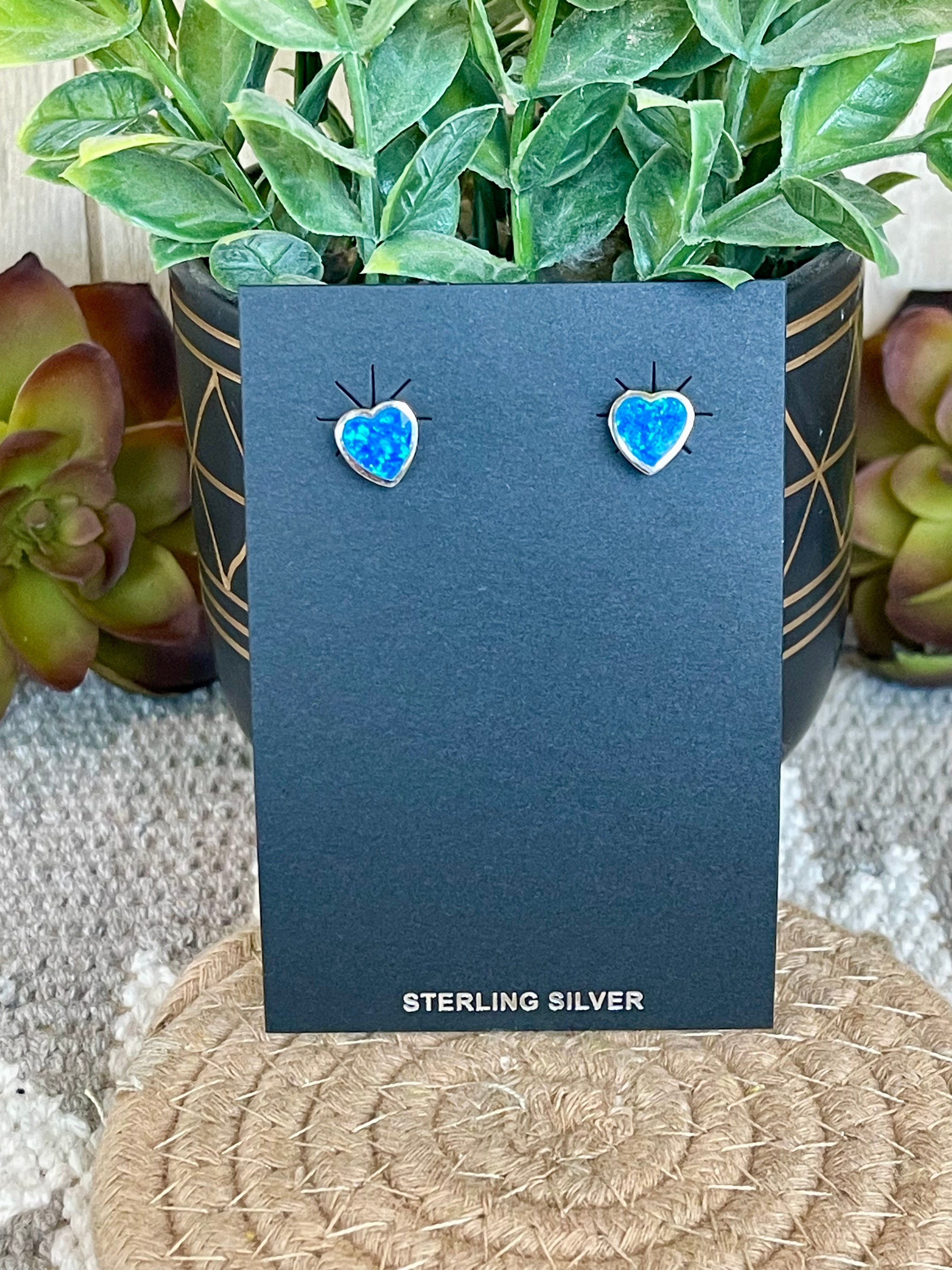 Southwest Handmade Blue Opal & Sterling Silver Stud Heart Earrings